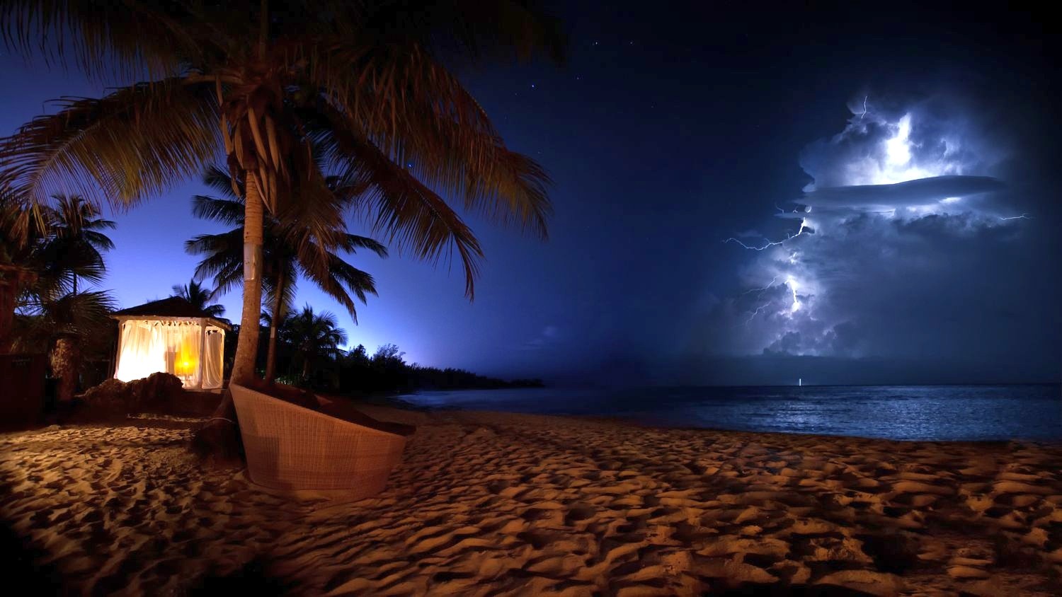 Nature Photography Landscape Palm Trees Beach Sea Sand Storm Lightning Cocktails Puerto Rico Night 1500x844