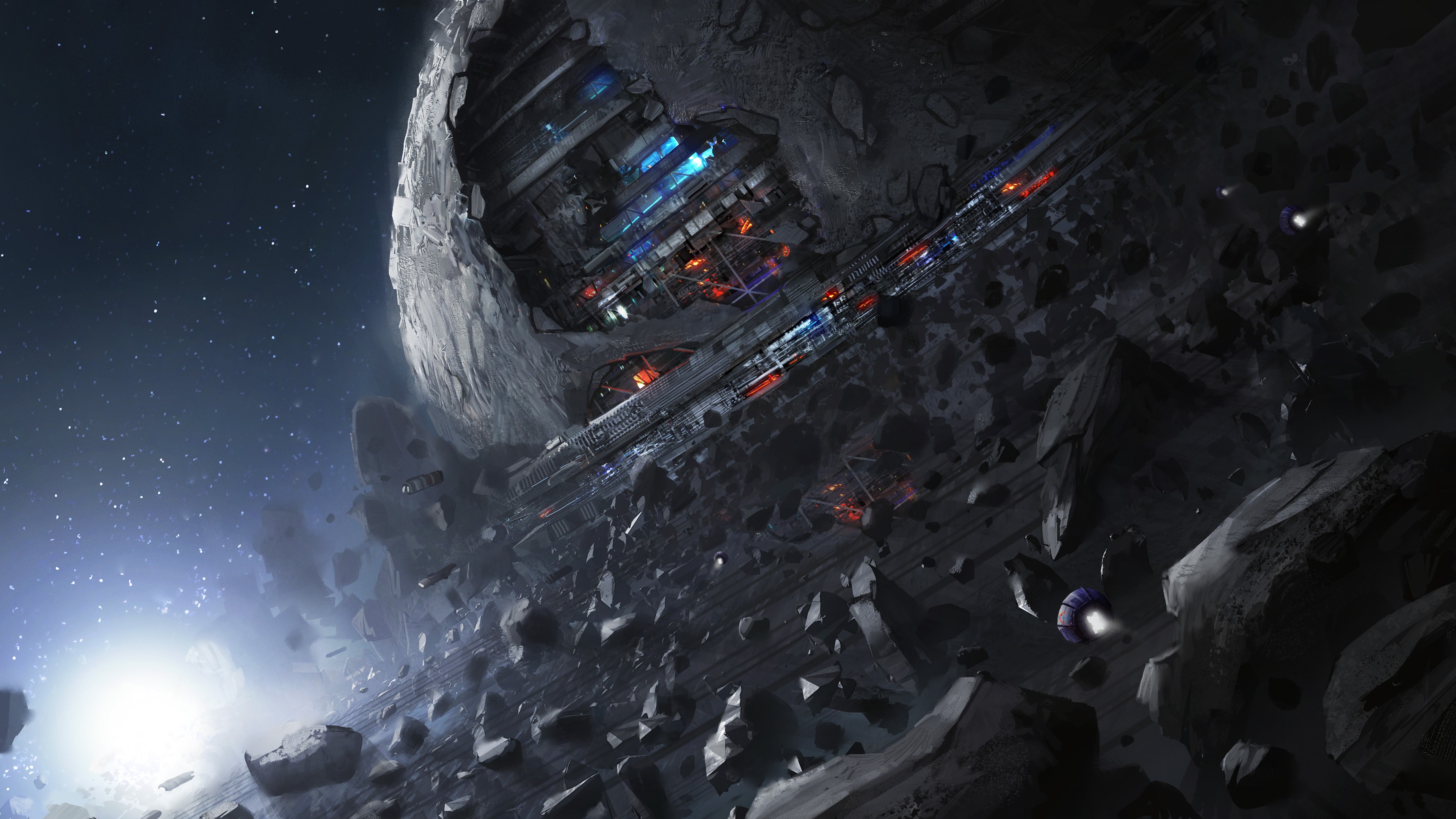 Digital Art Fantasy Art Space Universe Rock Moon Planet Stars Spacestation Building Science Fiction  3840x2160