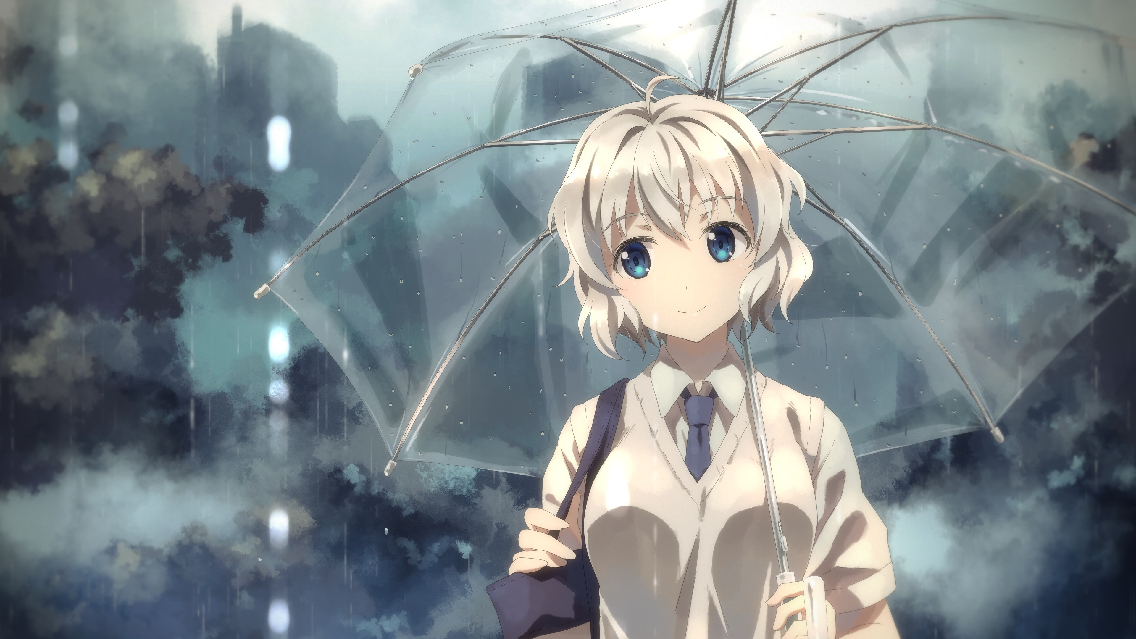 Original Characters Rain Yuuki Tatsuya Blue Eyes Umbrella 3840x2160