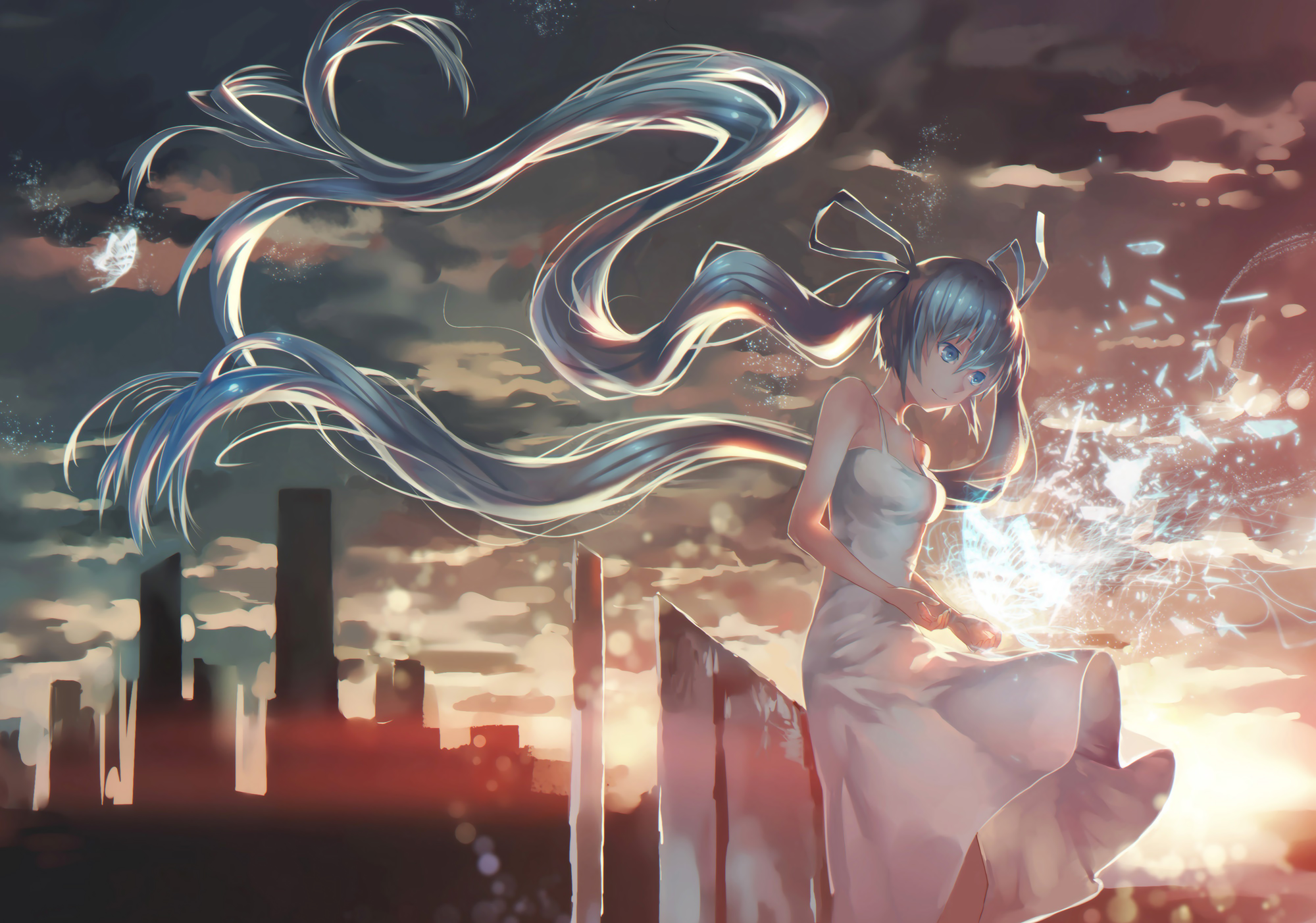 Manga Azomo Anime Cityscape Sky Blue Eyes Long Hair Anime Girls 2000x1402