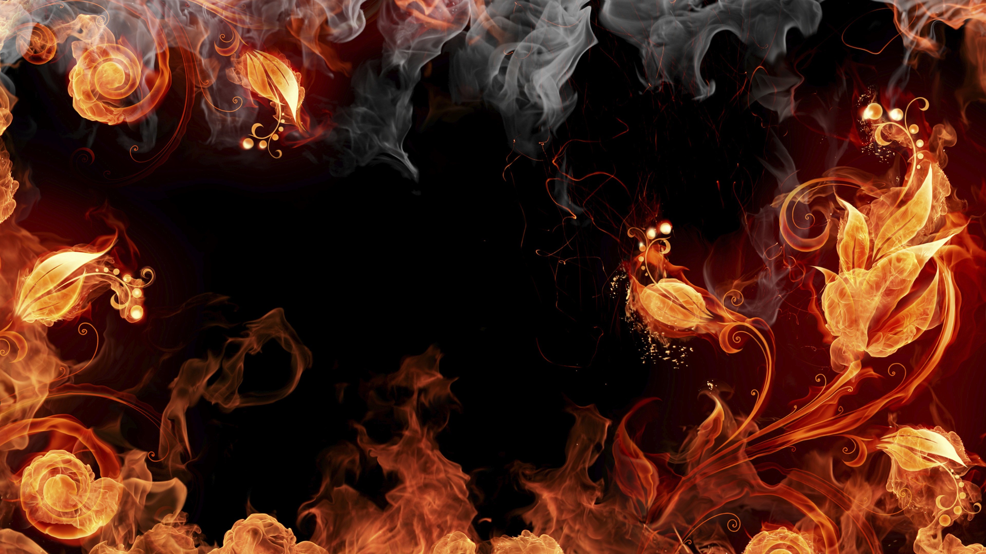 Fire Fire Flame Painter Leaves Flowers Digital Art 3840x2160