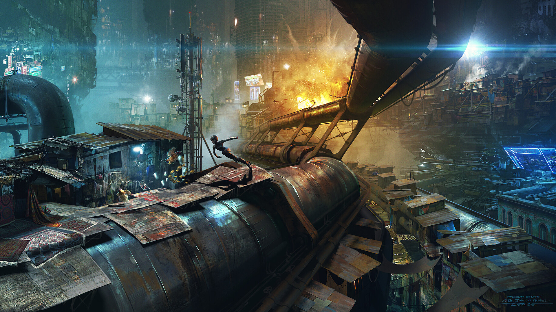 Jonathan Berube Artwork Digital Art Science Fiction Cityscape Futuristic Explosion Running Dystopic  1920x1080