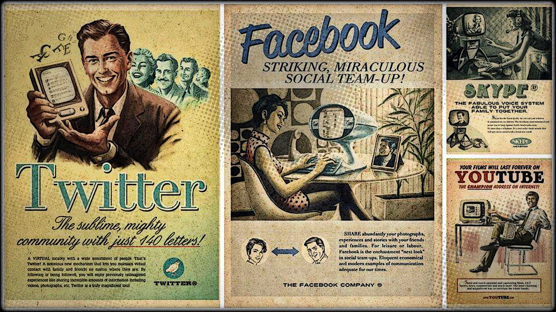 Vintage Twitter Facebook YouTube Humor Advertisements Skype 30s 1920x1080