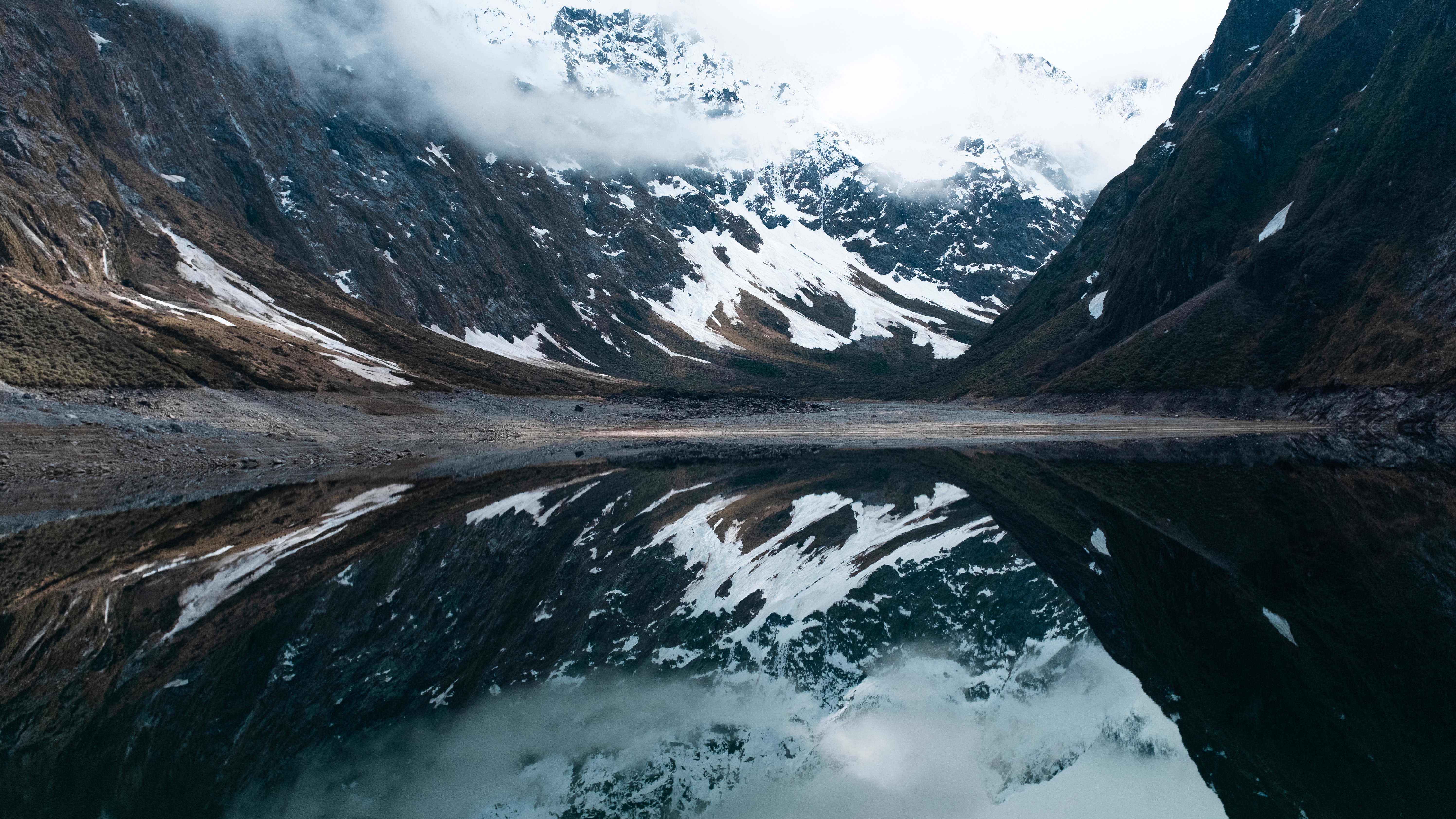 Nature Water Mountains Snow Lake Reflection Mist Symmetry Calm Waters New Zealand Fiordland National 5987x3369