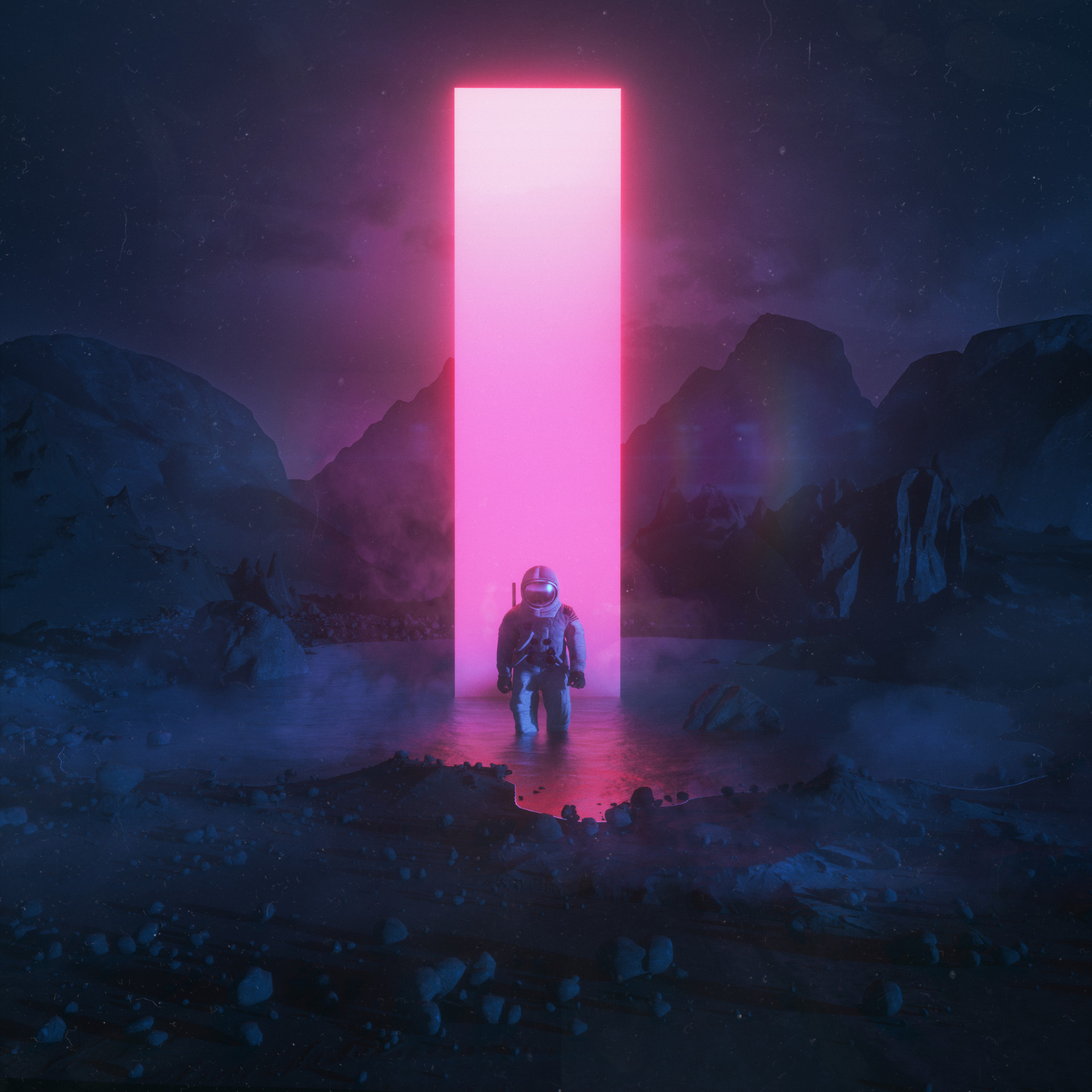 Beeple Render Men Landscape Astronaut Rocks Monolith Neon Water Pink Neon Glow 1920x1920