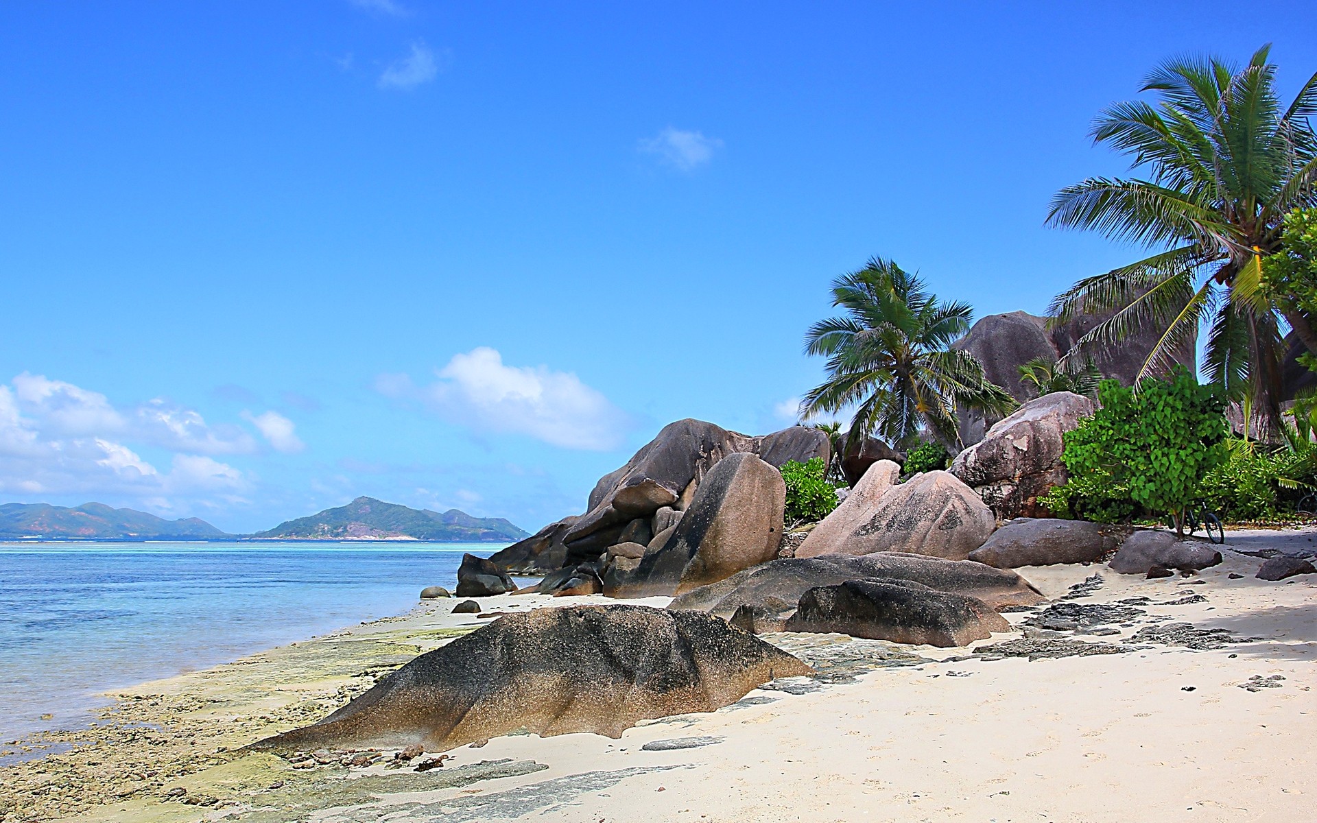 Nature Landscape Seychelles Island Beach Rock Palm Trees Sea Sand Mountains Tropical Summer Clouds 1920x1200