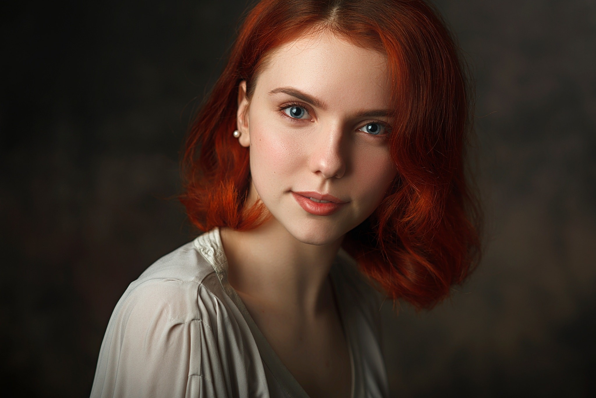 Women Face Smirk Redhead Blue Eyes Portrait Depth Of Field Simple Background Pavel Cherepko Redhead  2048x1367