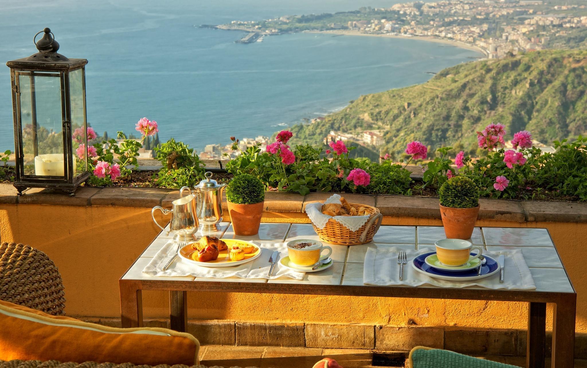 Sicily Landscape Breakfast Italy Food Sea Mediterranean Plants Flowers Table Cushions Bay Lamp Balco 2048x1286