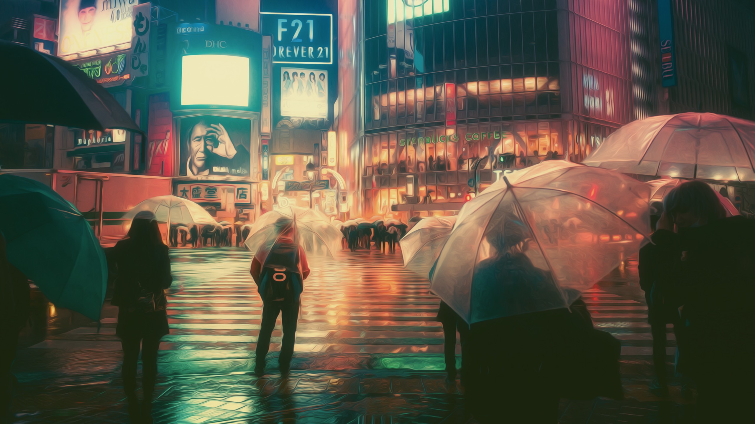 Masashi Wakui Photography Photo Manipulation Umbrella Neon Lights 2560x1440