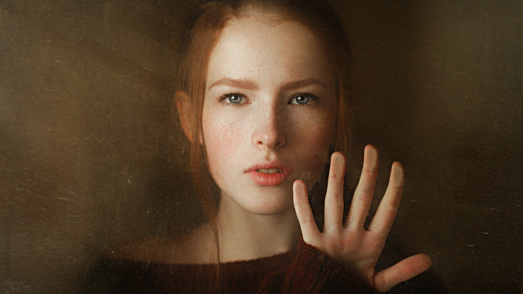 Women Redhead Blue Eyes Face Sweater Hands Portrait Katya Voronina 2048x1152