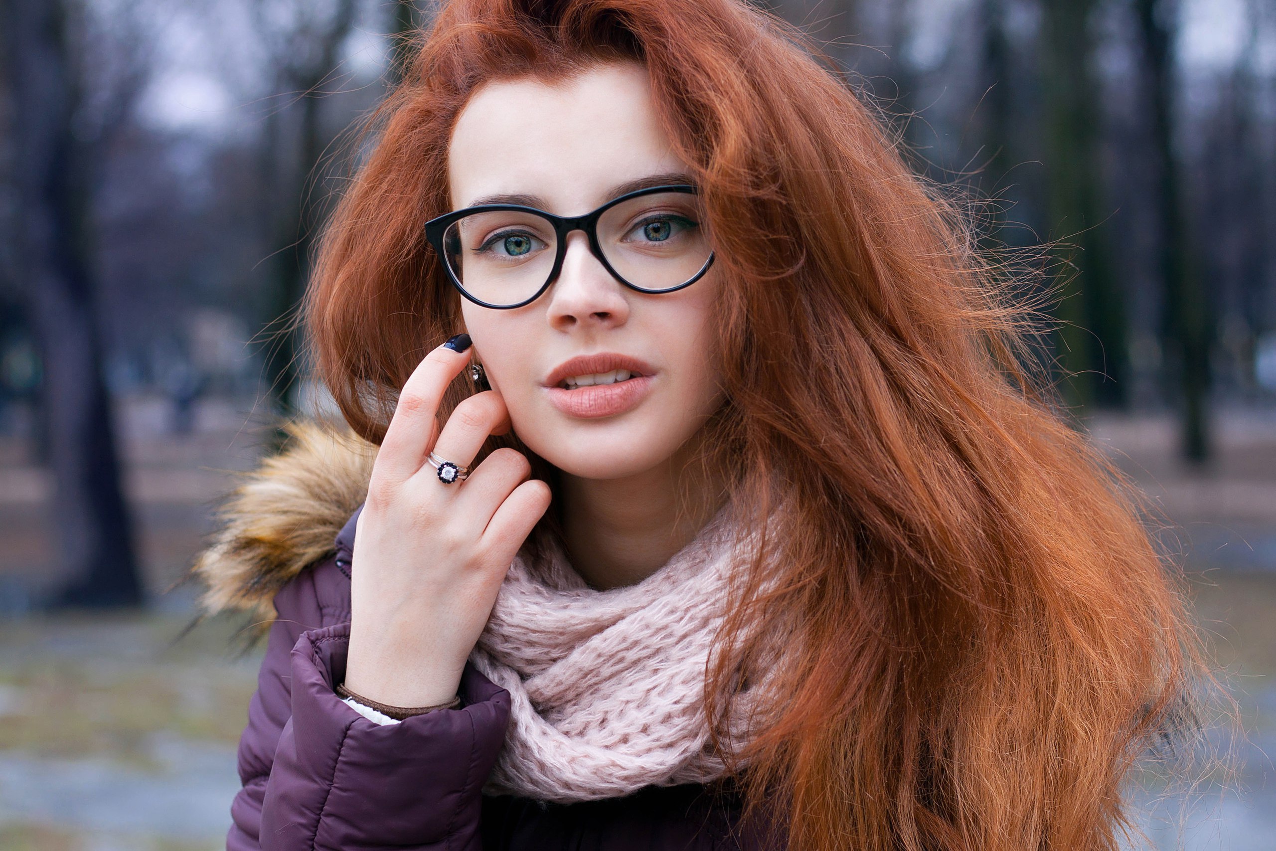 Women Redhead Women With Glasses Scarf Face Portrait Bokeh Hand On Face Glasses Jacket Purple Clothi 2560x1707