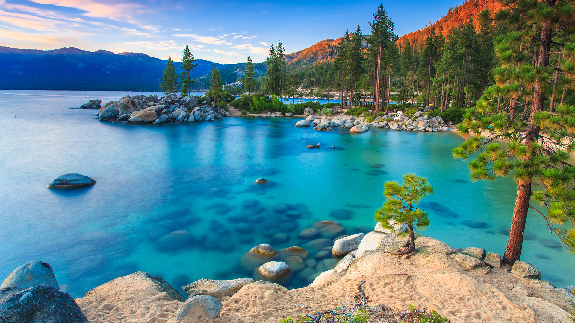 Nature Landscape Far View Water Rocks Mountains Clouds Sky Trees Sunrise Clear Water Sand Water Ripp 1920x1080