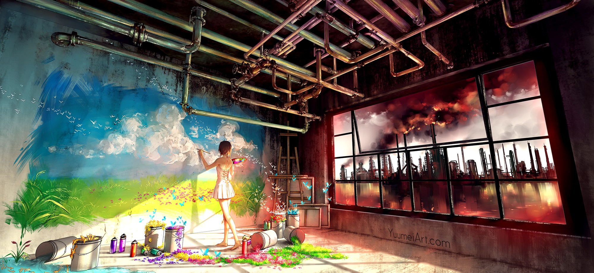 Yuumei Pipes Room Industrial City Painters Contrast Colorful Painting Yuumei Cityscape Industrial Ci 2000x921