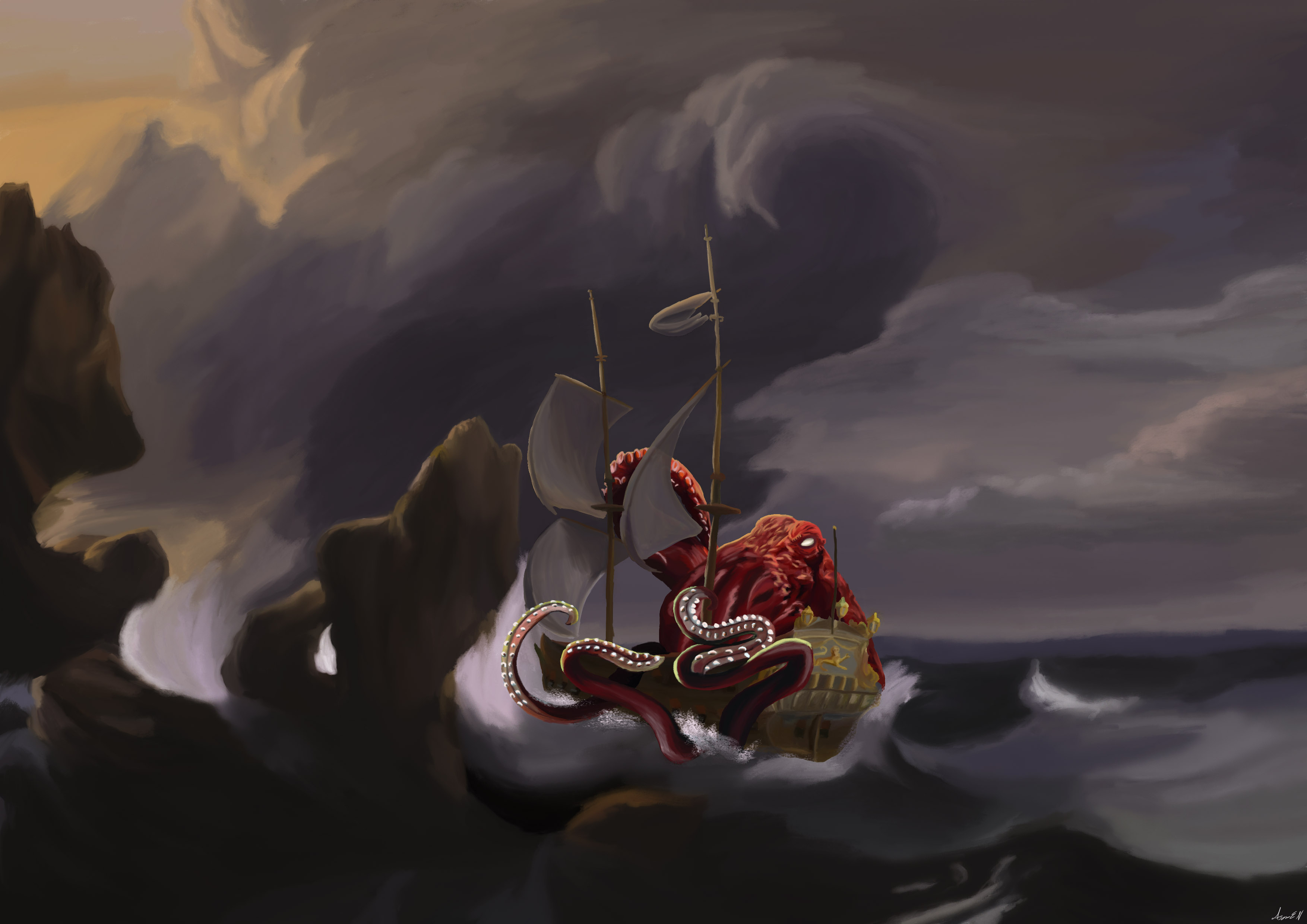 Octopus Shipwreck Digital Storm Sea Foam Kraken Sea Monsters 3508x2480