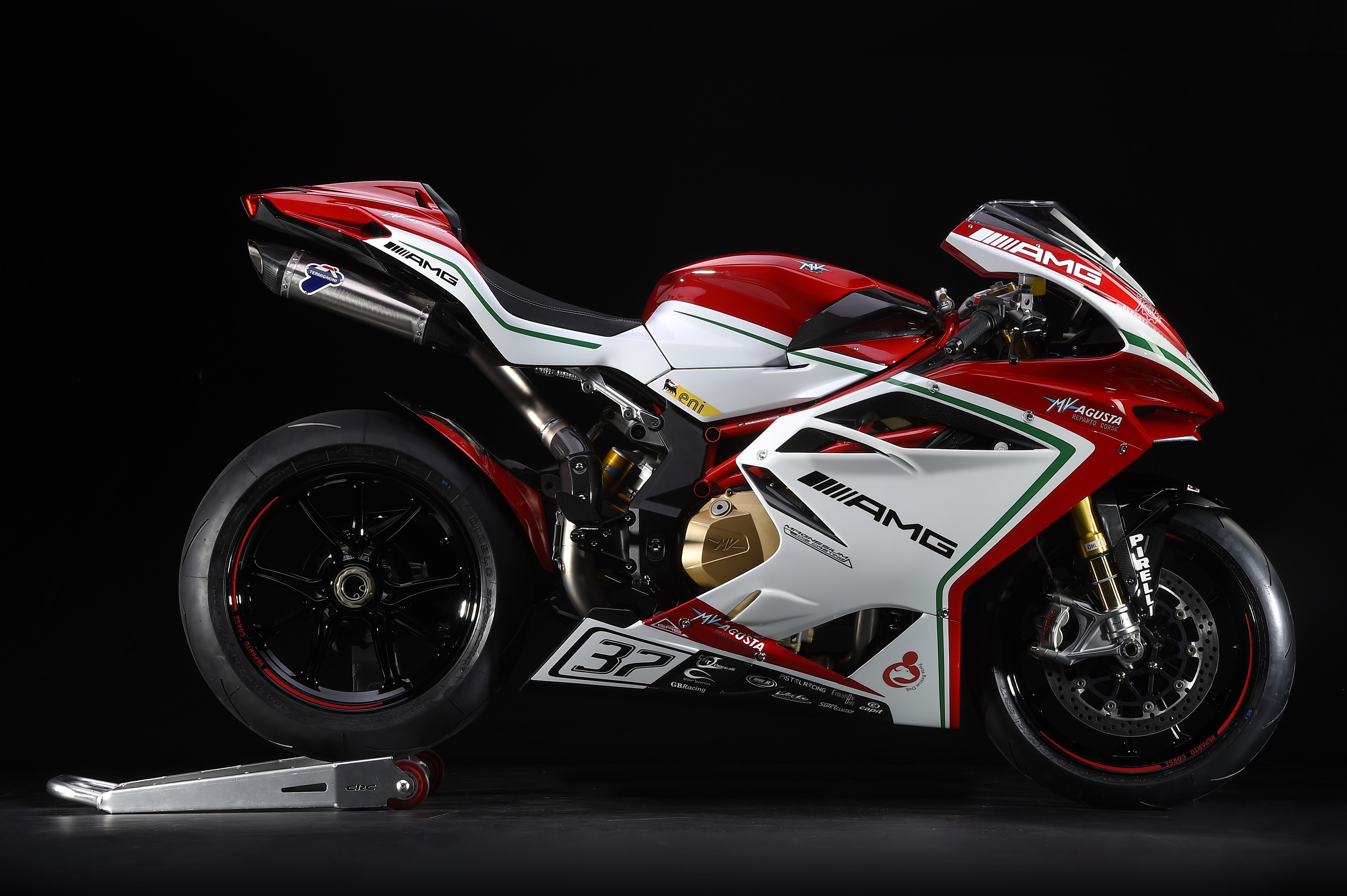 MV Agusta F4 RC Superbike AMG Line Motorcycle Motorcycle Exhaust Pipes Black Background MV Agusta 4561x3036