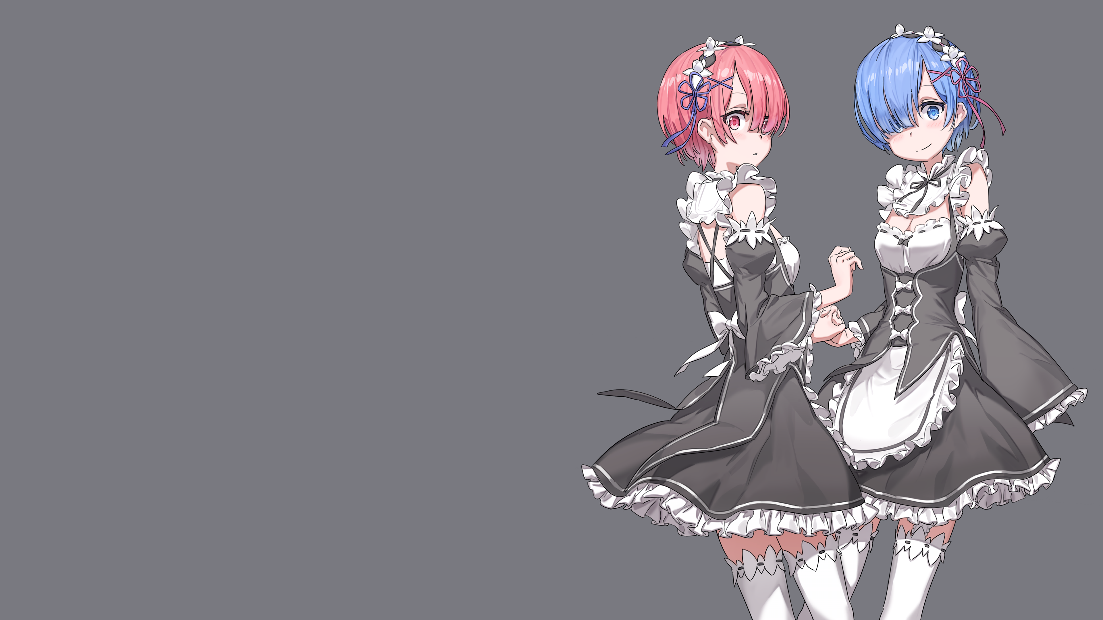 Rem Re Zero Ram Re Zero Simple Background Maid Outfit Maid Ribbon On Clothes Ribbon Thigh Highs Blue 3840x2160