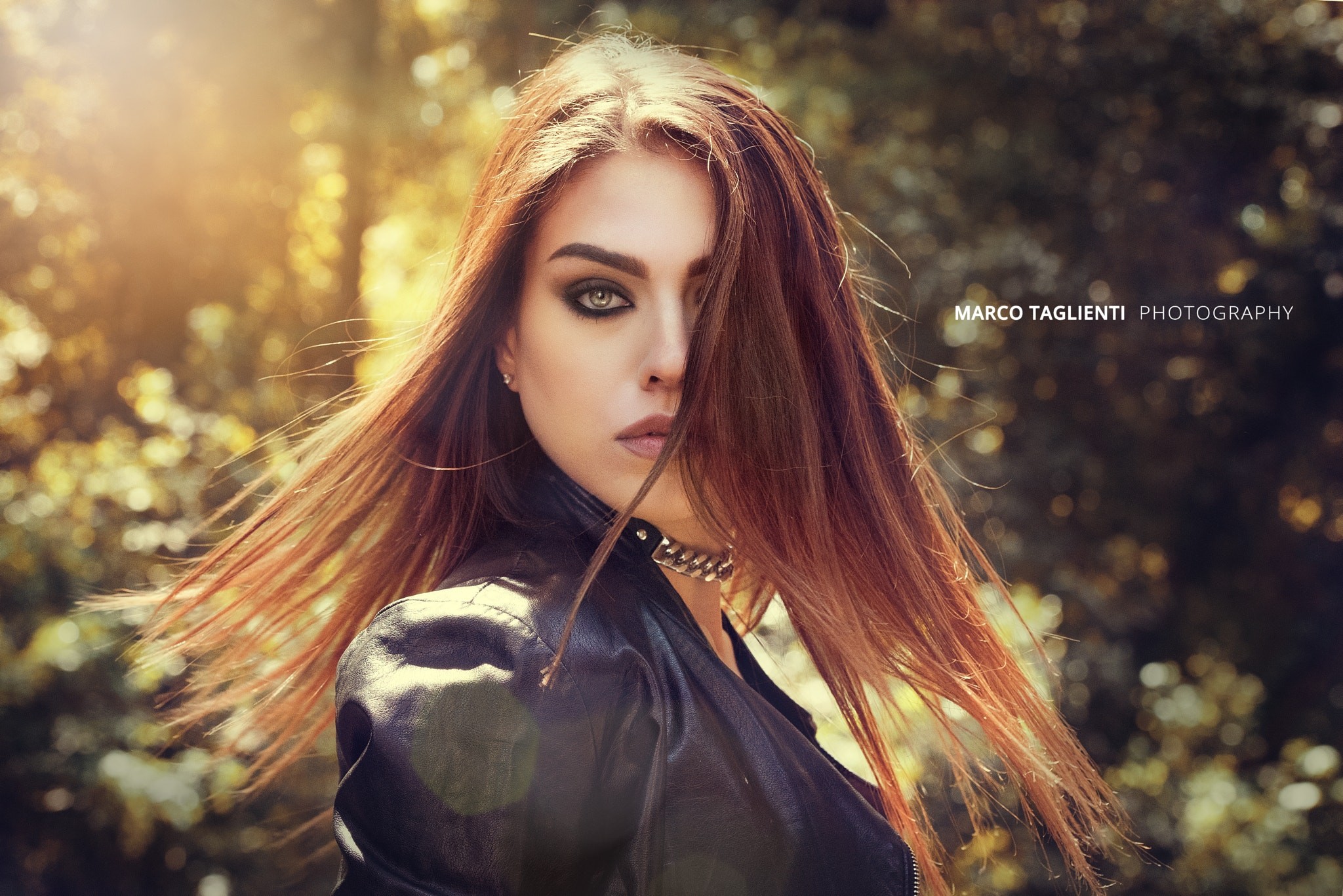 Women Brunette Face Bokeh Portrait Smoky Eyes Leather Jackets Hair In Face Choker Green Eyes Sunligh 2048x1367