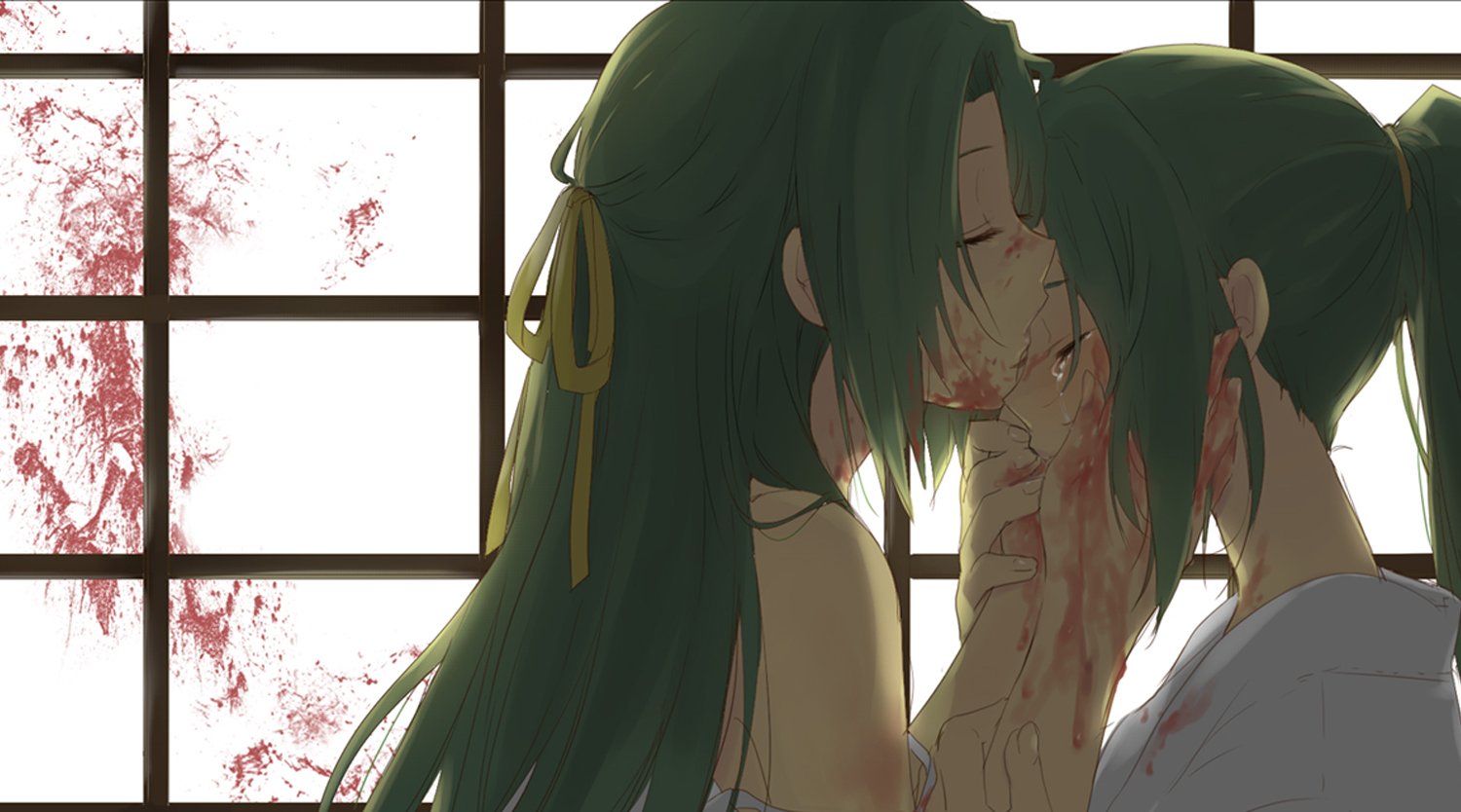 Sonozaki Shion Sonozaki Mion Green Hair Blood When They Cry Higurashi When They Cry Tears 1500x834