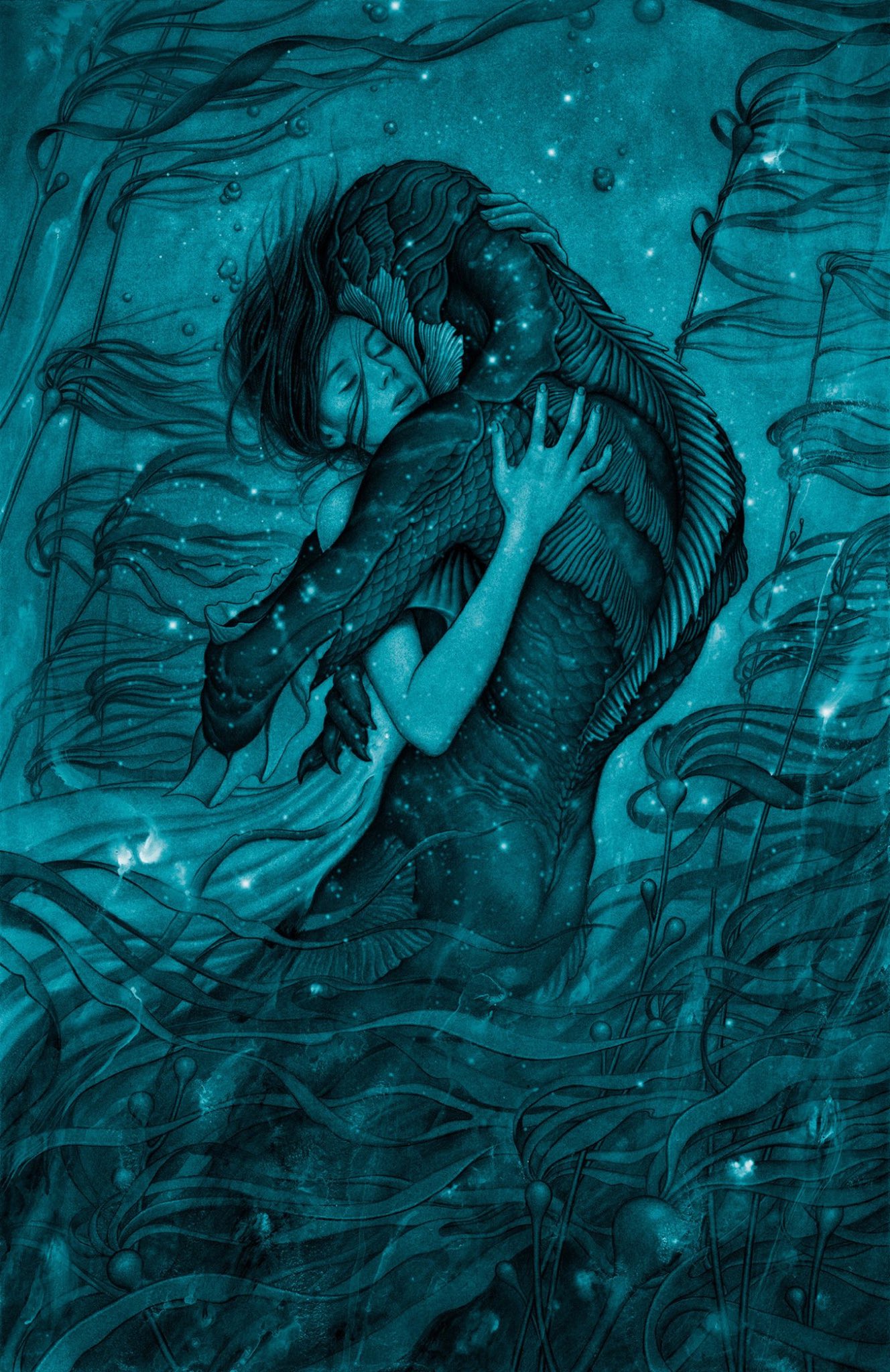 Underwater Hugging Bubbles Closed Eyes Creature Algae Movie Poster Artwork White Dress Women Open Mo 1328x2048