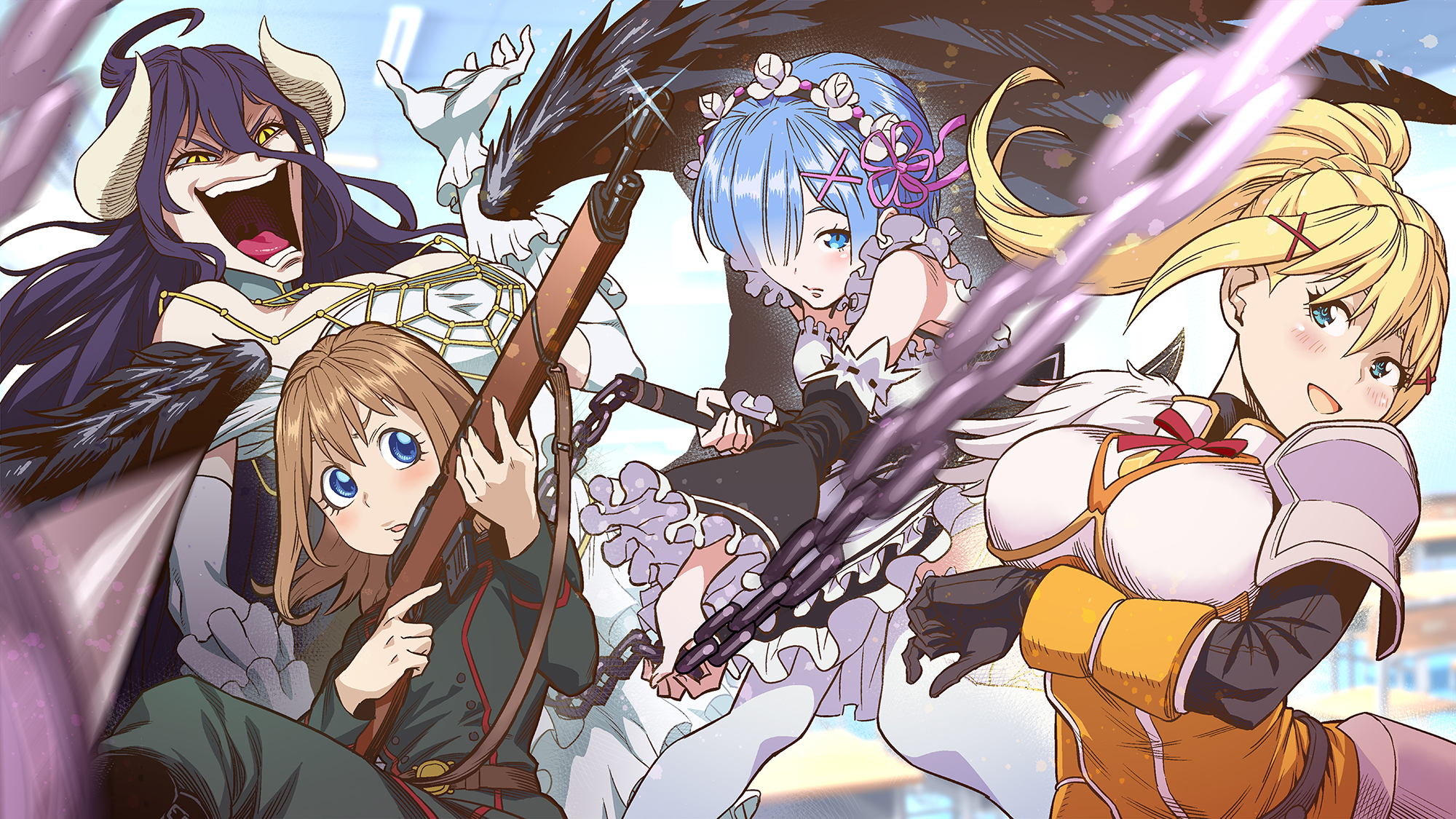 Anime Isekai Quartet Anime Girls Blue Eyes Rifles Blue Hair Horns 2000x1125