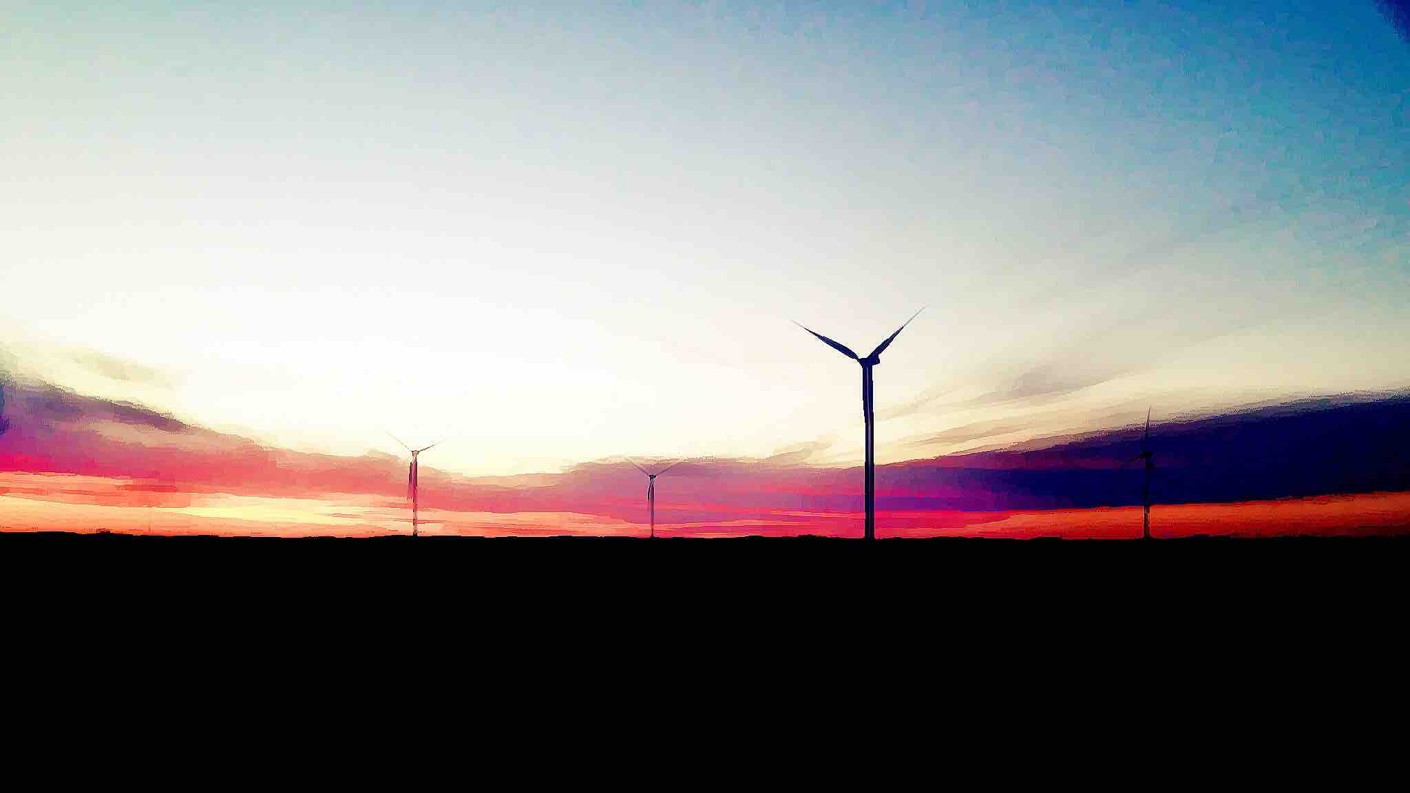 Windmill Wind Farm Purple Sky Minimalism 2048x1152