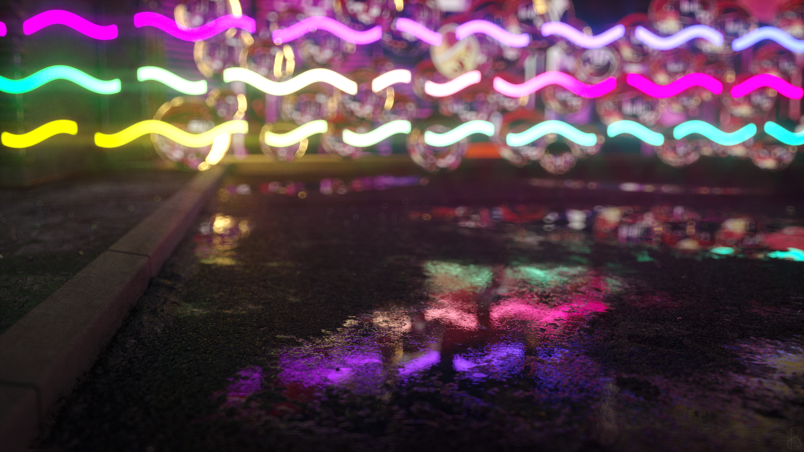 Neon Neon Glow Glowing Reflection Shining Asphalt Wet Bokeh Depth Of Field Puddle Waveforms Wavy Lin 2560x1440