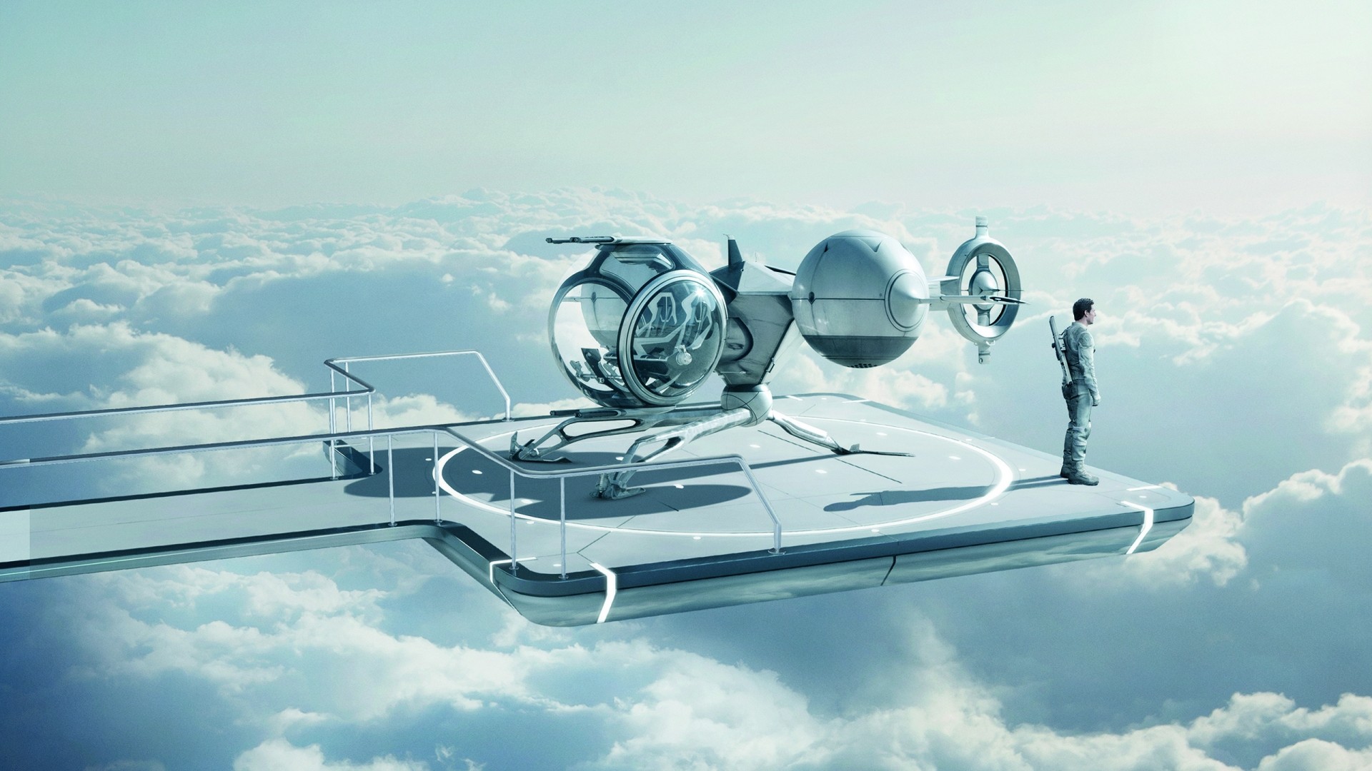 Movies Men Actor Tom Cruise Oblivion Movie Spaceship Clouds Futuristic Alone Helicopters Shadow Sky 1920x1080