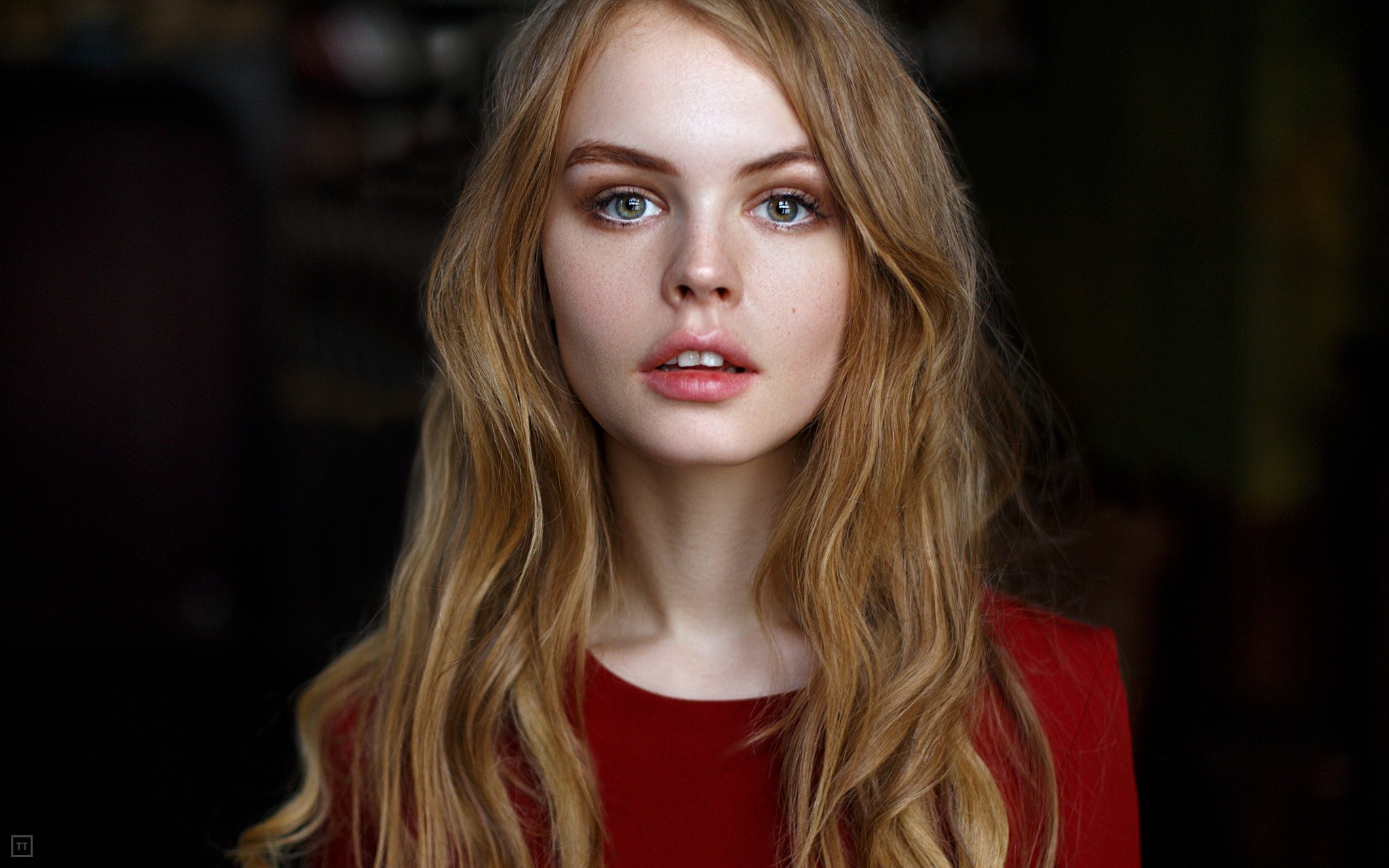 Women Women Blonde Face Freckles Portrait Red Clothing Anatoly Komissarov 2048x1280