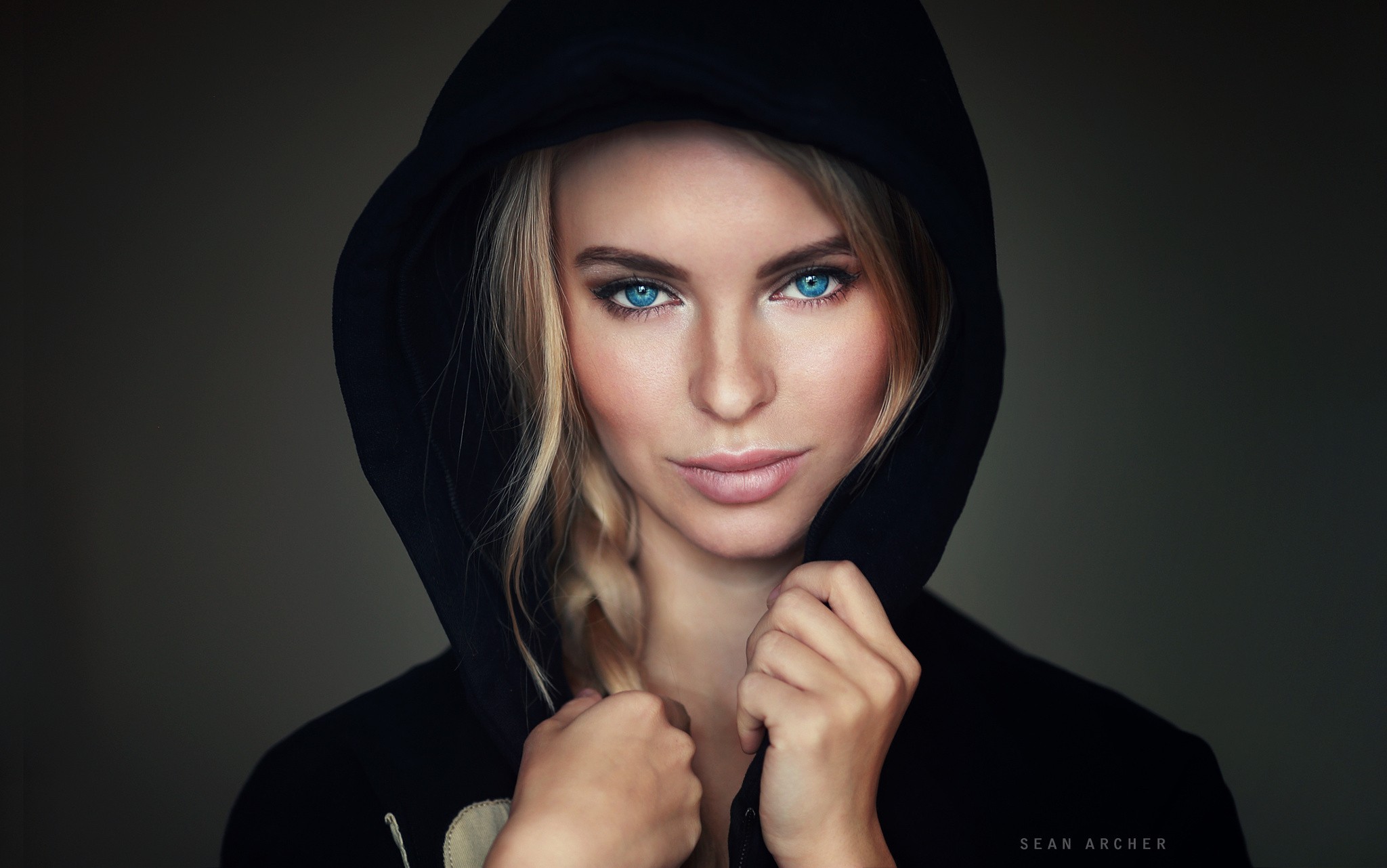 Women Face Portrait Blonde Simple Background Blue Eyes Hoods Looking At Viewer Victoria Pichkurova W 2048x1282