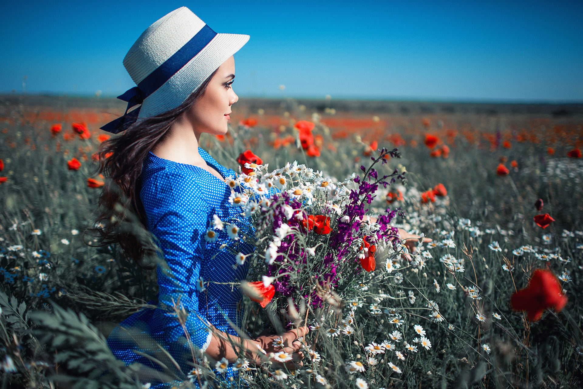 Women Brunette Hat Women Outdoors Long Hair Sunlight Flowers Looking Away Dress Bouquet Field Sergey 1920x1280