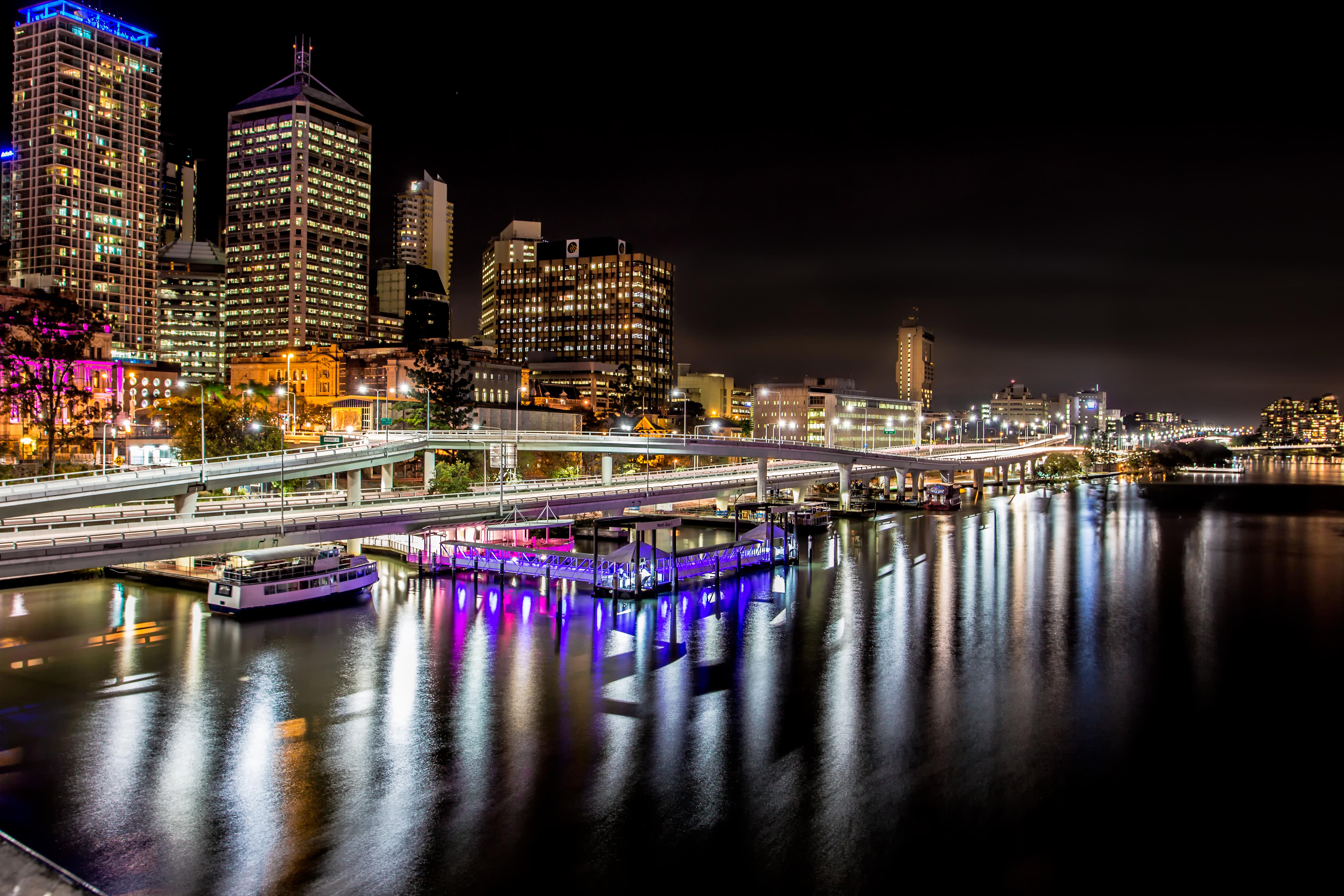 Brisbane City Night Light Reflection River Building Australia Queensland Wharf Brisbane River Freewa 4200x2800