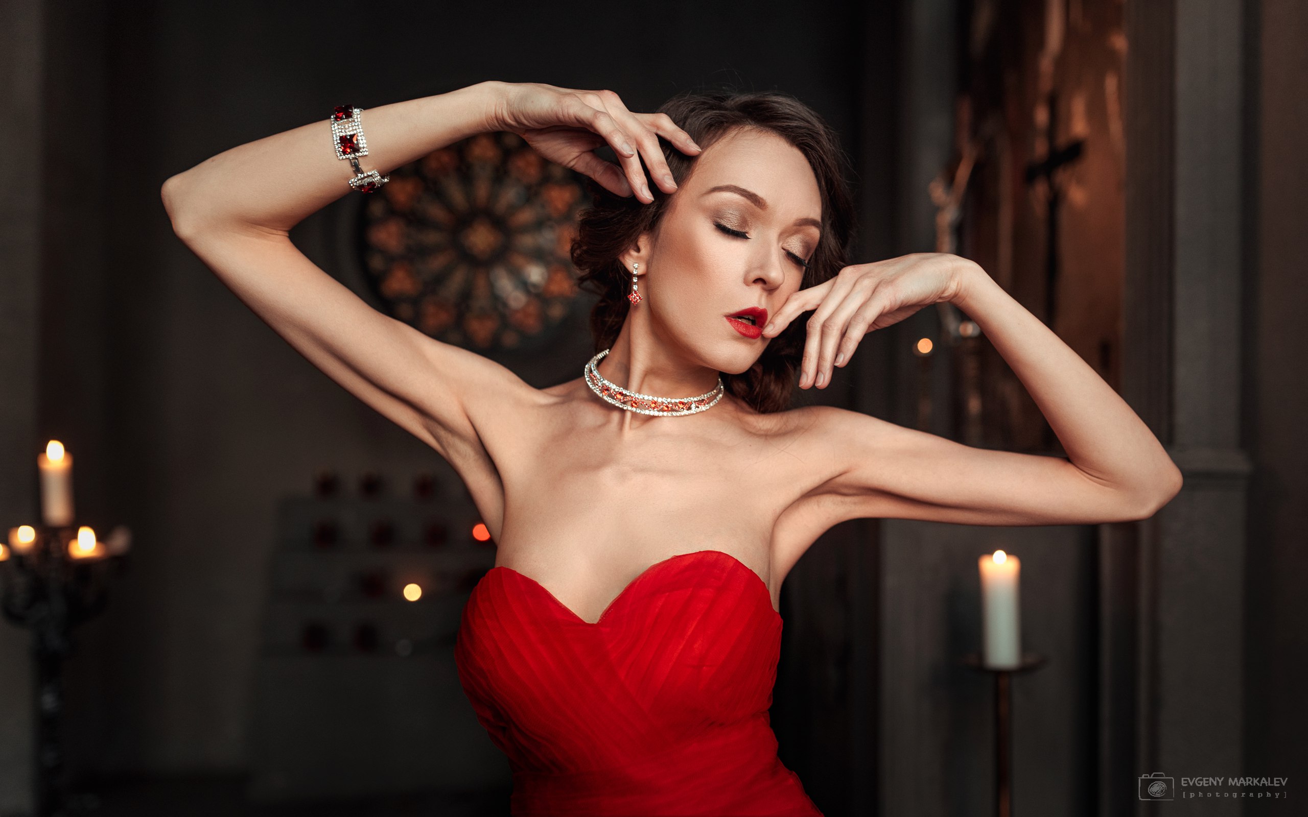 Red Dress Red Closed Eyes Arms Up Bare Shoulders Women Model Evgeny Markalev 2560x1600