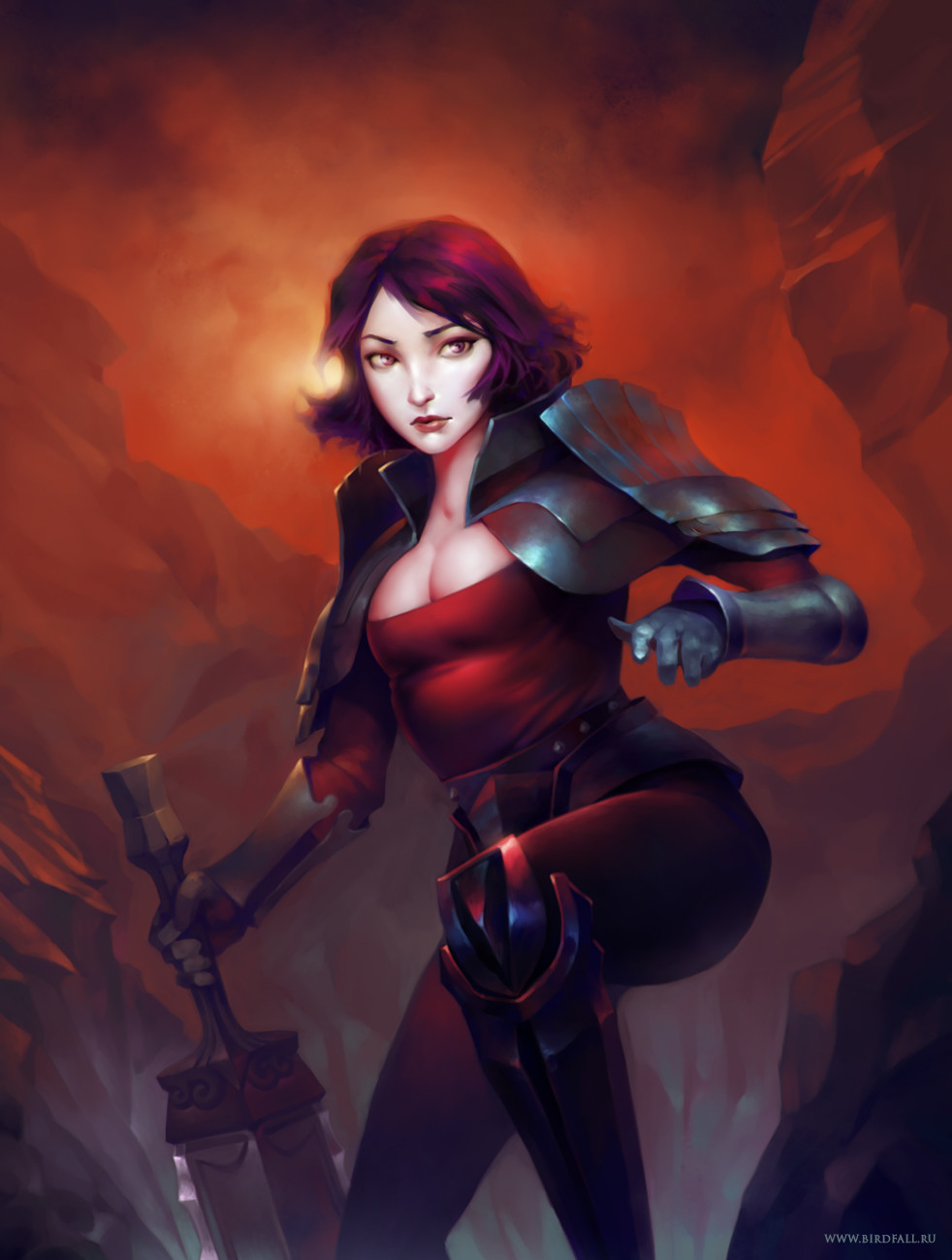 Max Birdfall Women Redhead Armor Rocks Sword Fantasy Girl Red 982x1300