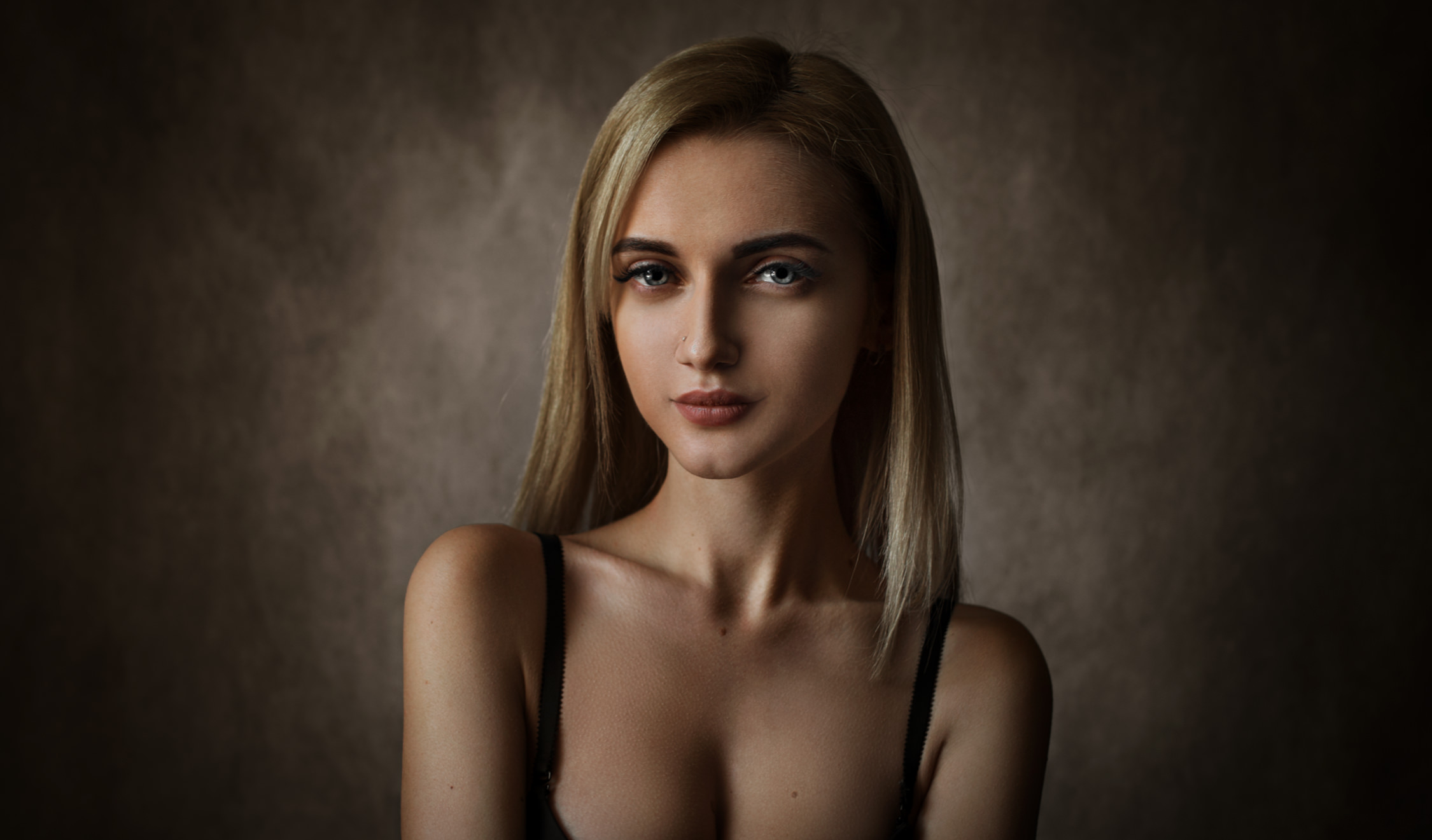 Women Blonde Portrait Pierced Nose Gray Eyes Bare Shoulders Simple Background Ilya Baranov Long Hair 2250x1321