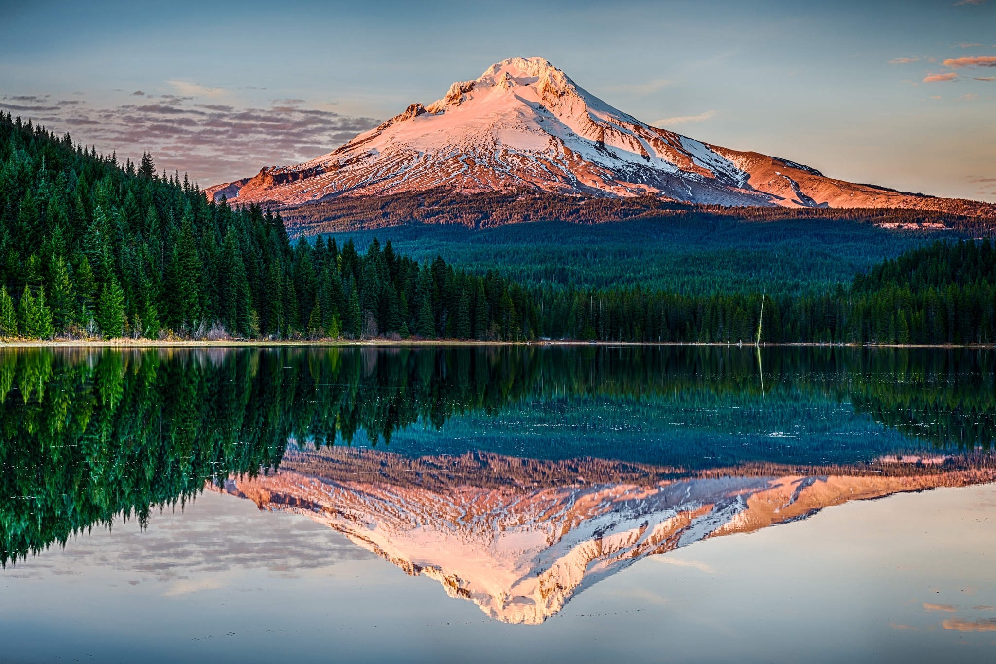 Nature Landscape Snowy Peak Mountains Sunset Forest Lake Water Reflection Oregon Calm Trees 2048x1366