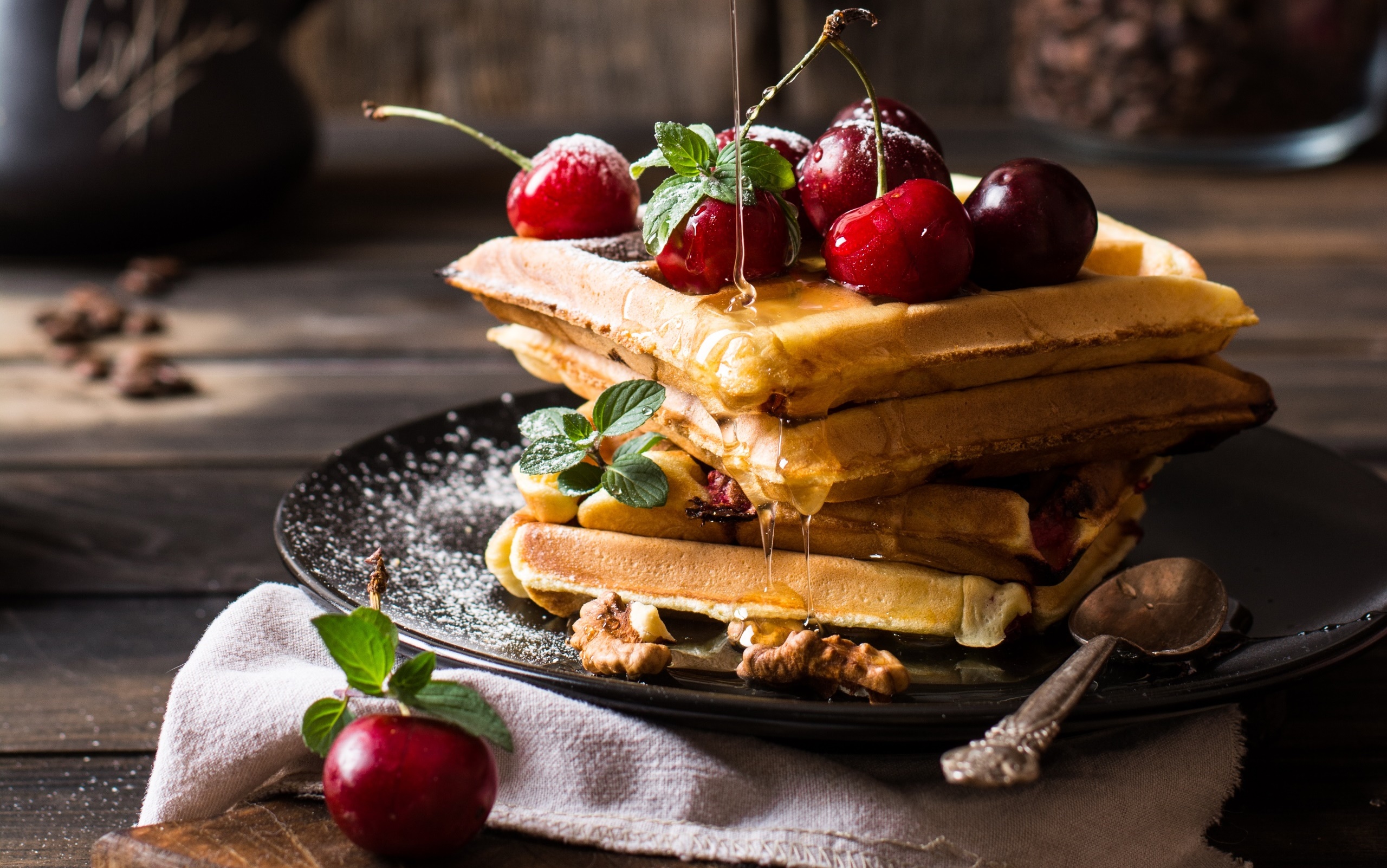 Fruit Food Cherries Waffles Sugar Syrup Mint Leaves Plates Spoon Walnuts Wooden Surface 2560x1602