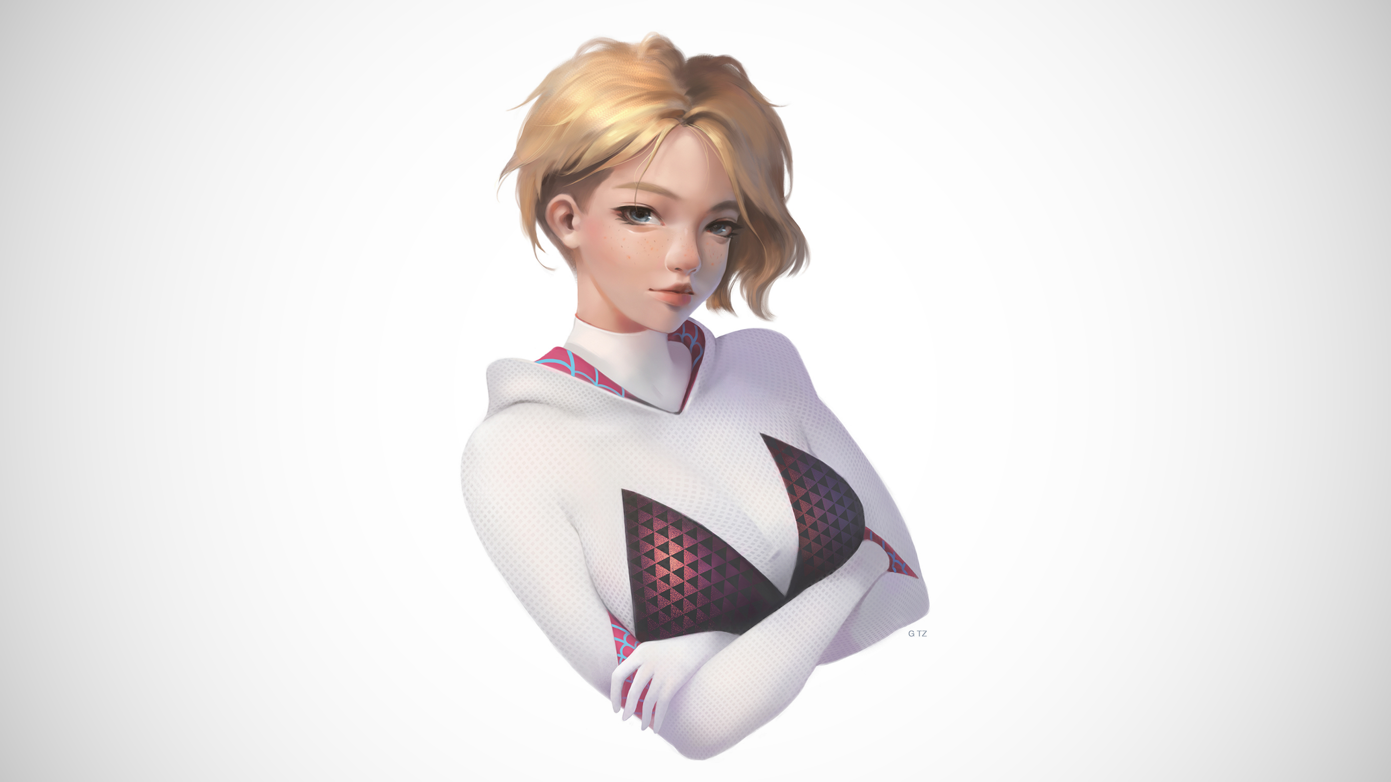 Gwen Stacy Spider Gwen Women Blonde Blue Eyes Looking At Viewer Freckles Short Hair Arms Crossed Fan 2720x1530