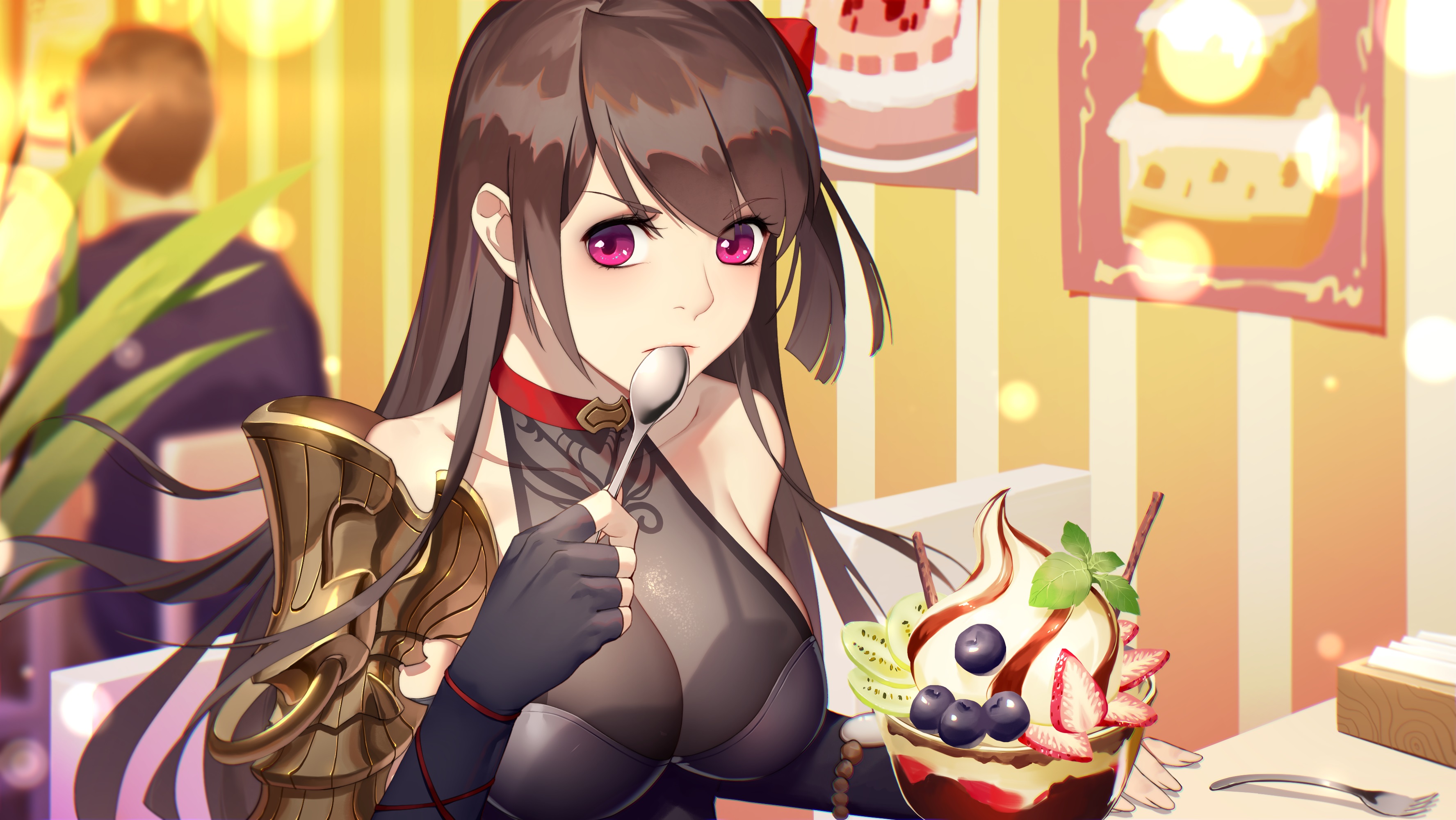 Anime Girls Original Characters Women Brunette Long Hair Purple Eyes Spoon Spoons Ice Cream Fruit Si 3550x2000