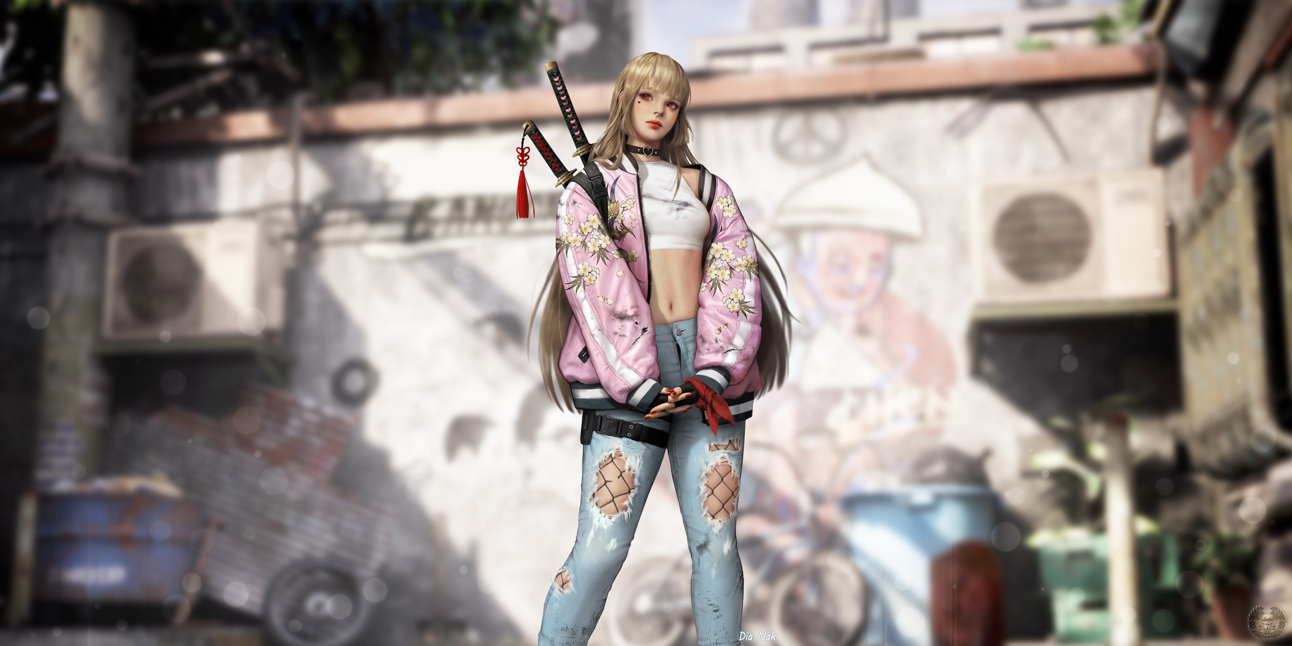 Anime Girls Katana Render Pink Jacket Blond Hair White Tops Long Hair Original Characters 3D Women W 2560x1280