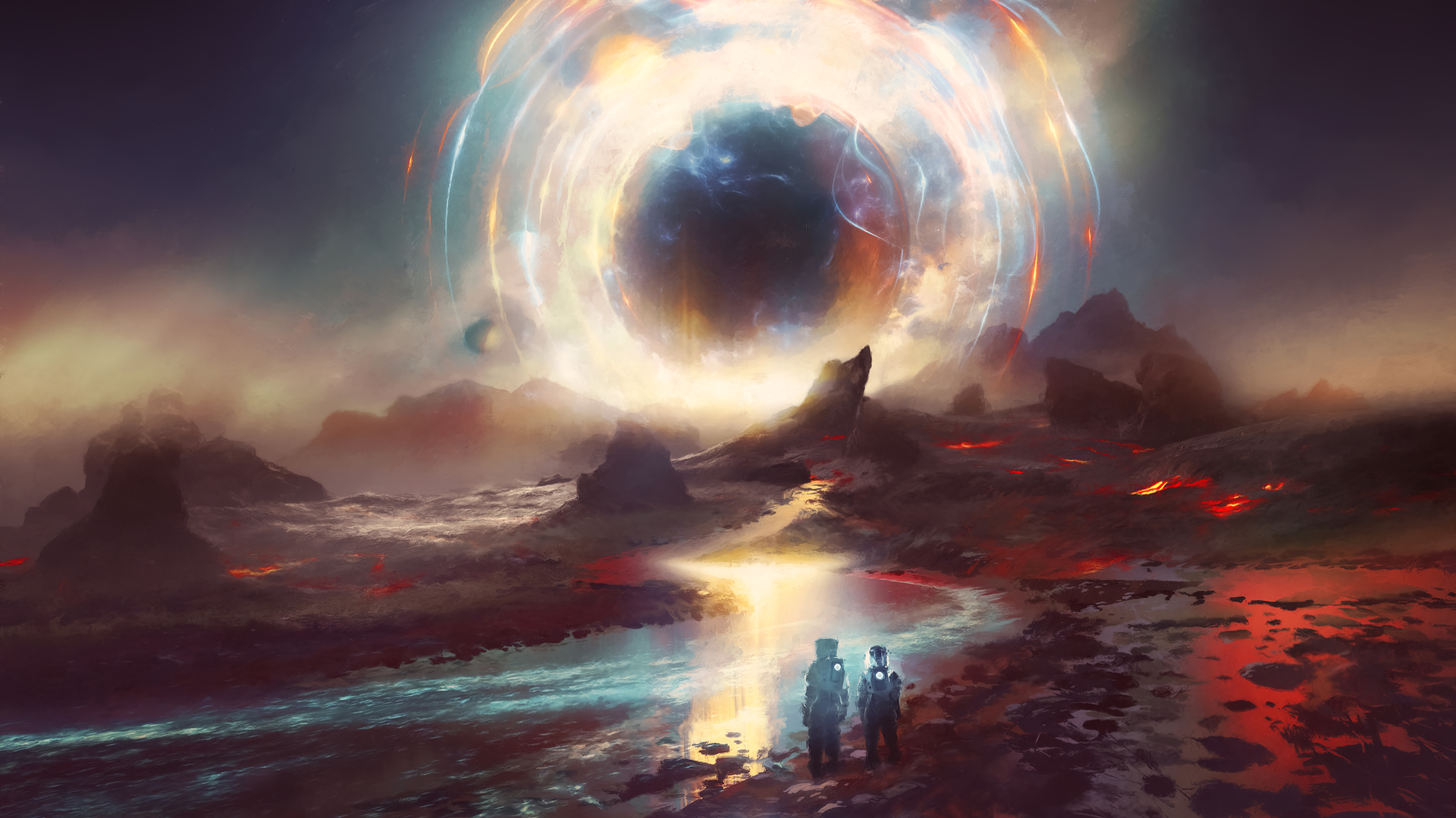 Sun Black Planet Astronaut Scientists Lava Space Digital Art 3840x2160