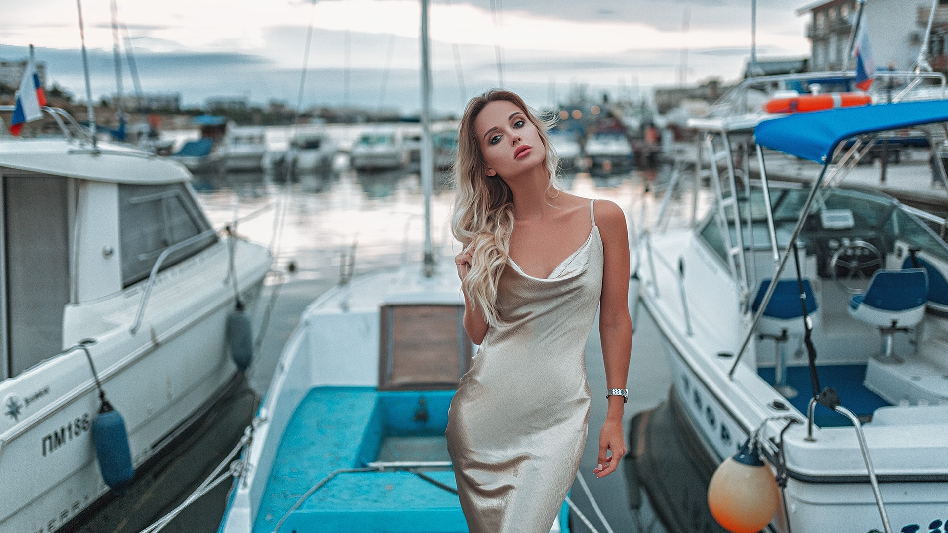 Women Grigoriy Lifin Blonde Boat Women Outdoors Dress Brunette Watch Sea Gold Dress Long Hair 1920x1080