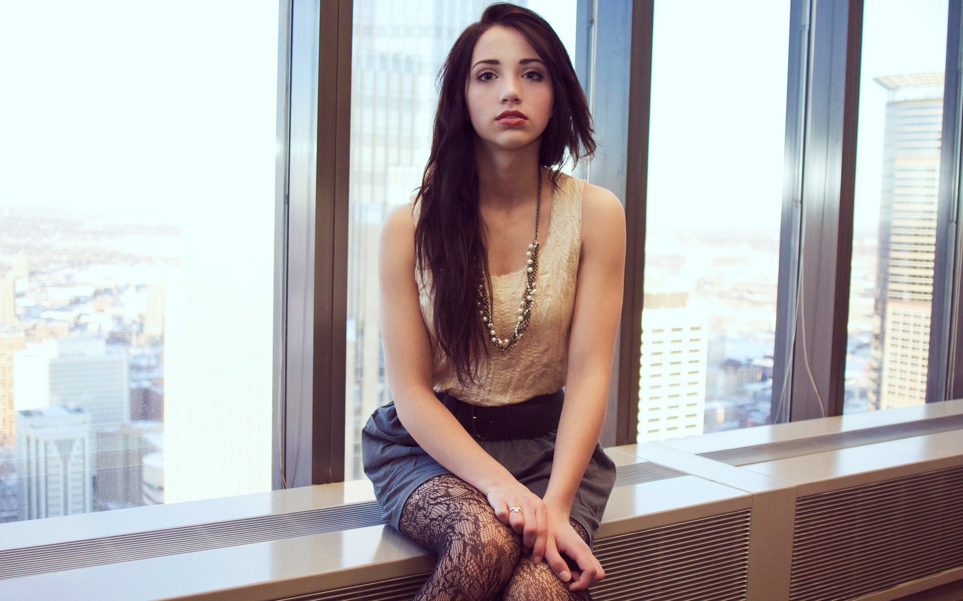 Emily Rudd Women Brunette Long Hair Blue Eyes Skirt Legs Legs Together Window Window Sill Looking At 1920x1200