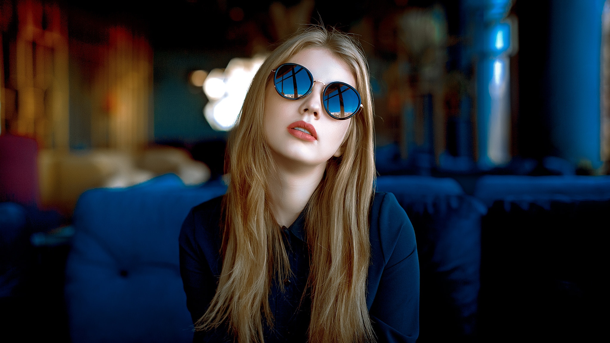 Women Model Blonde Portrait Sunglasses Women With Shades Indoors Shirt Bokeh Depth Of Field Women In 2048x1152