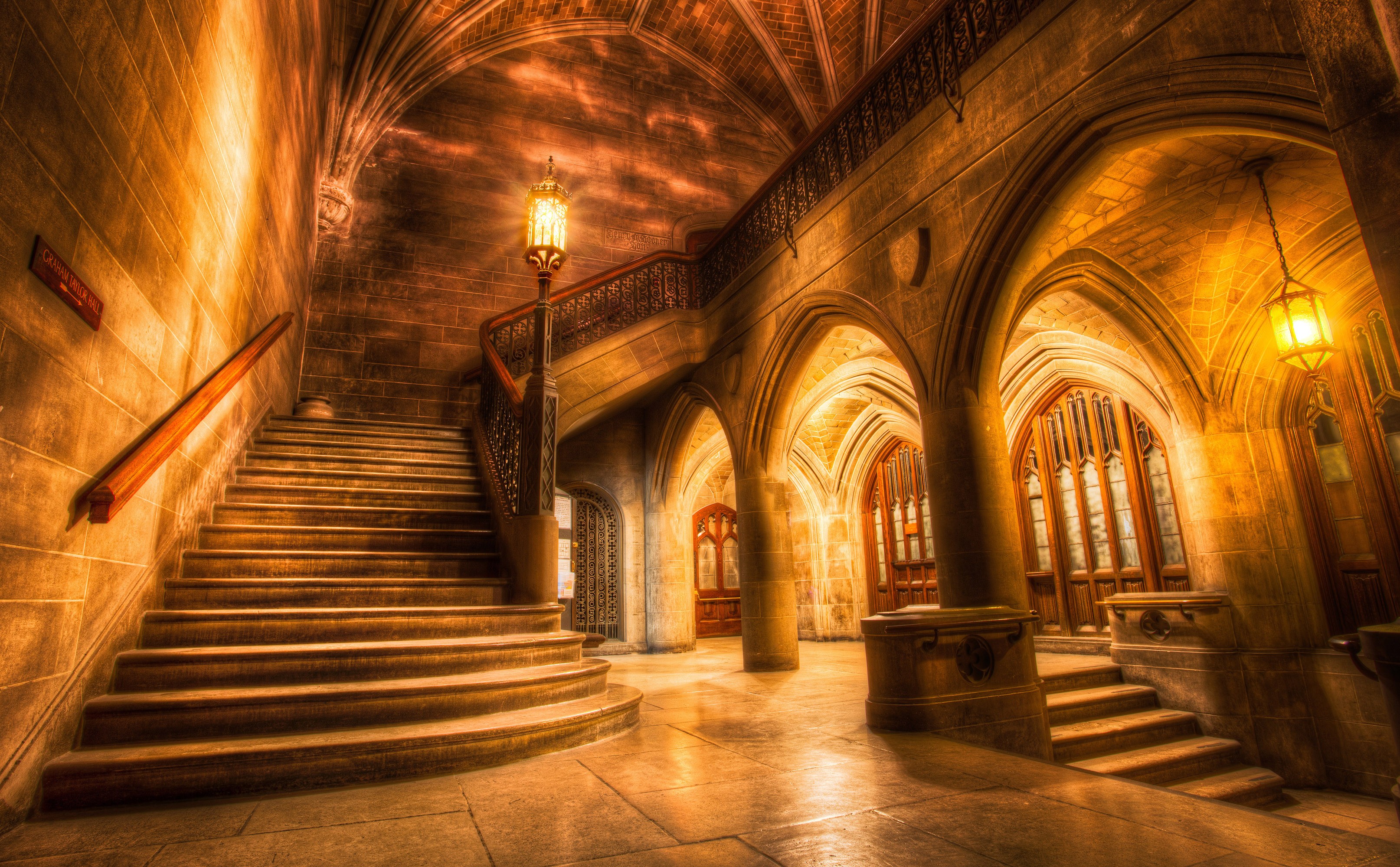 Architecture Interior Staircase HDR Column Chicago University Arch Lights Wall History Bricks Old Bu 3228x2000