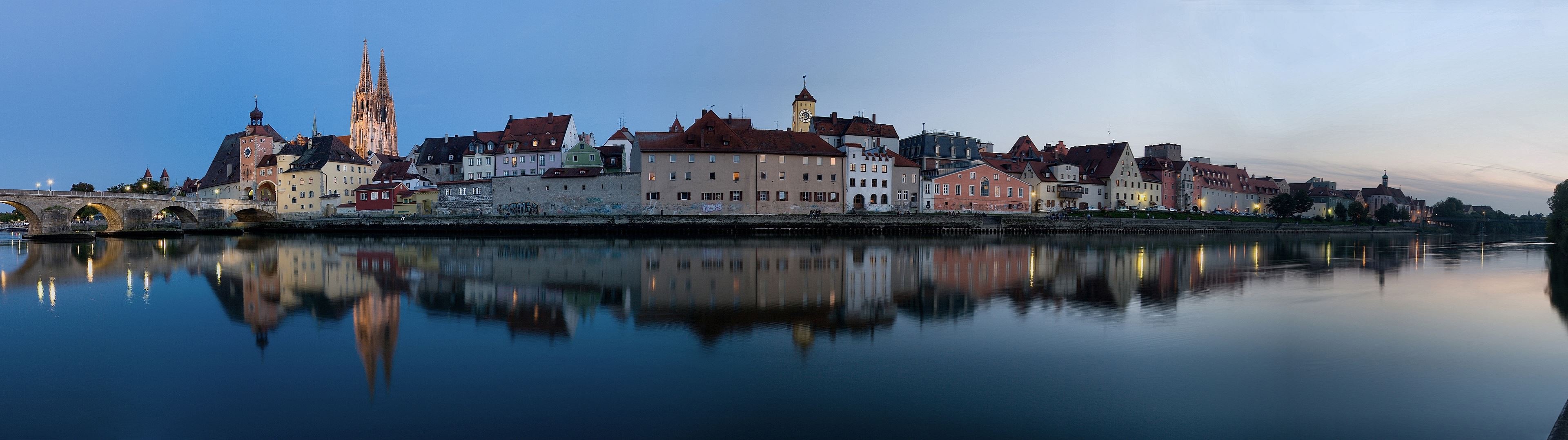 Regensburg Germany City Reflection River Sunset Multiple Display Dual Monitors Without People 3840x1080