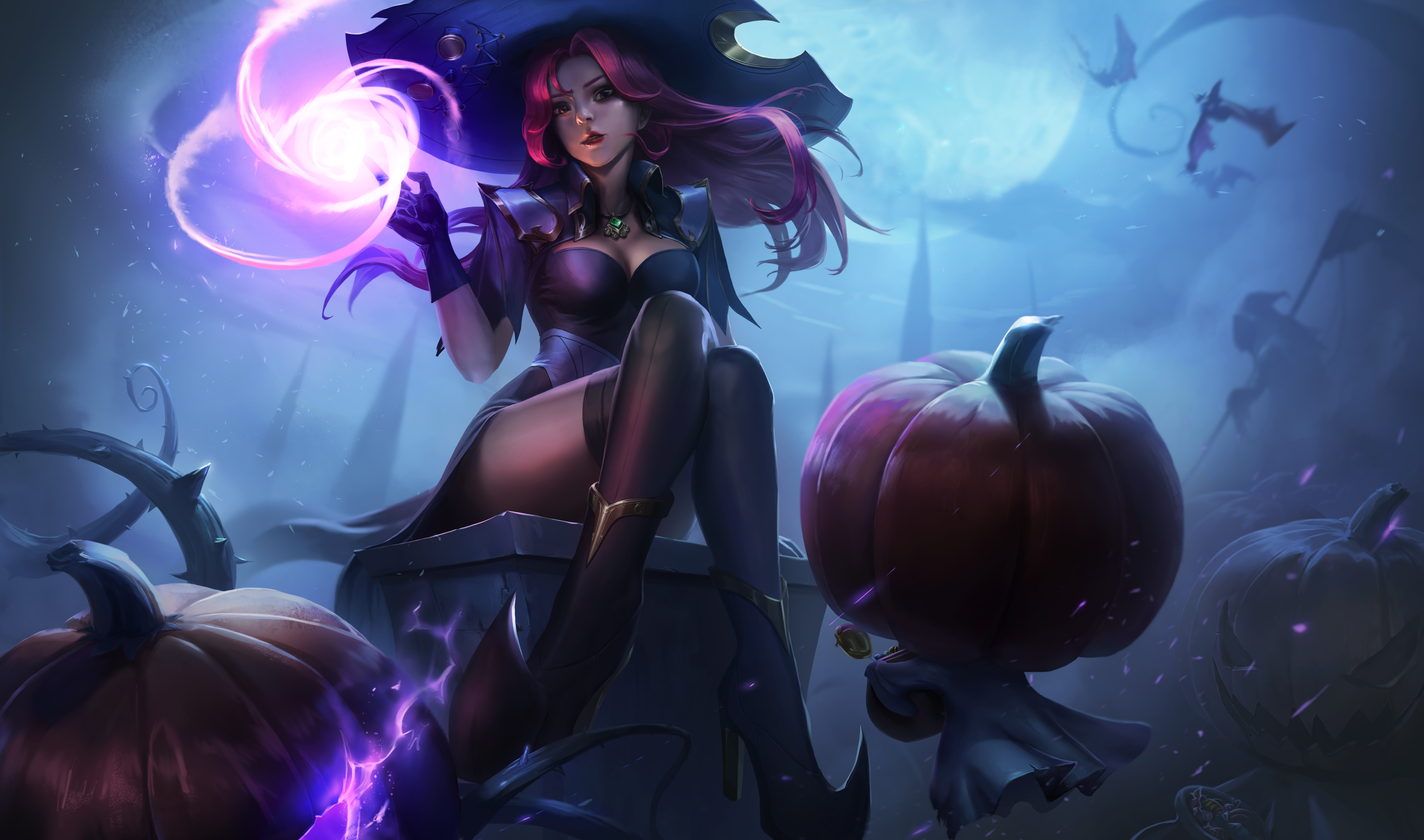 Women Fantasy Girl Witch Witch Hat Long Hair Pink Hair Magic Pumpkin Jack O Lantern Halloween Bats N 5000x2950