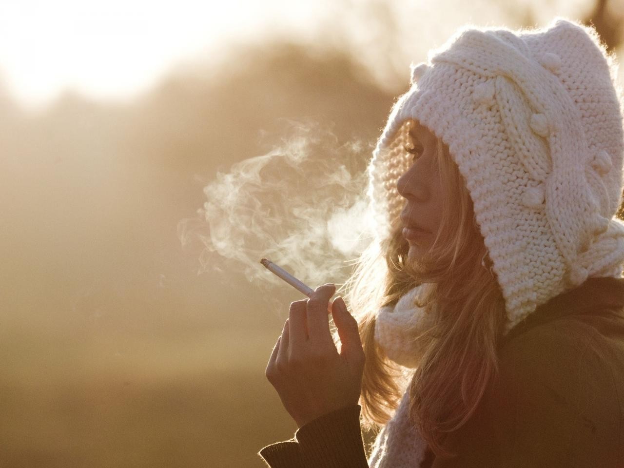 Women Smoking Cigarettes Looking Away Redhead Knit Hat Backlighting 1280x960