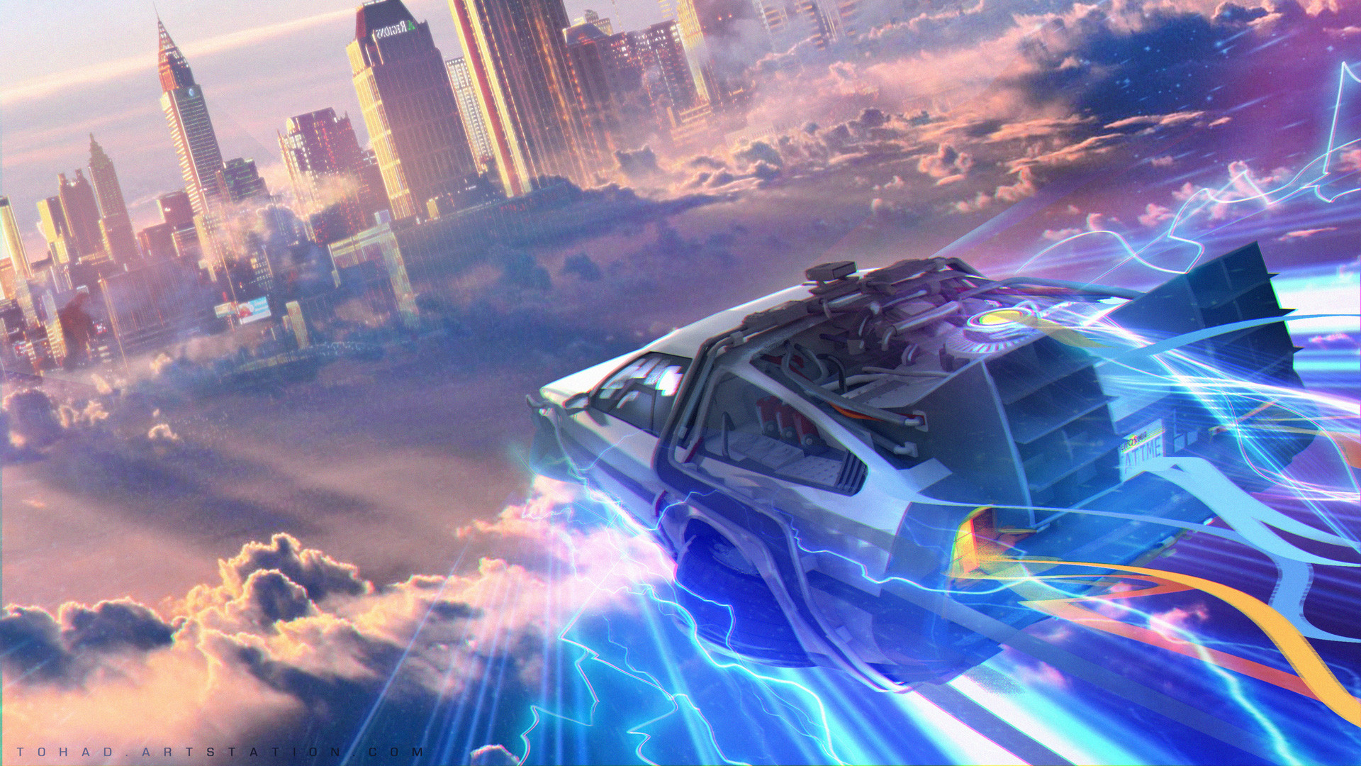 The Time Machine Back To The Future DMC DeLorean Flying Artwork Cityscape Science Fiction Cyan Viole 1920x1080