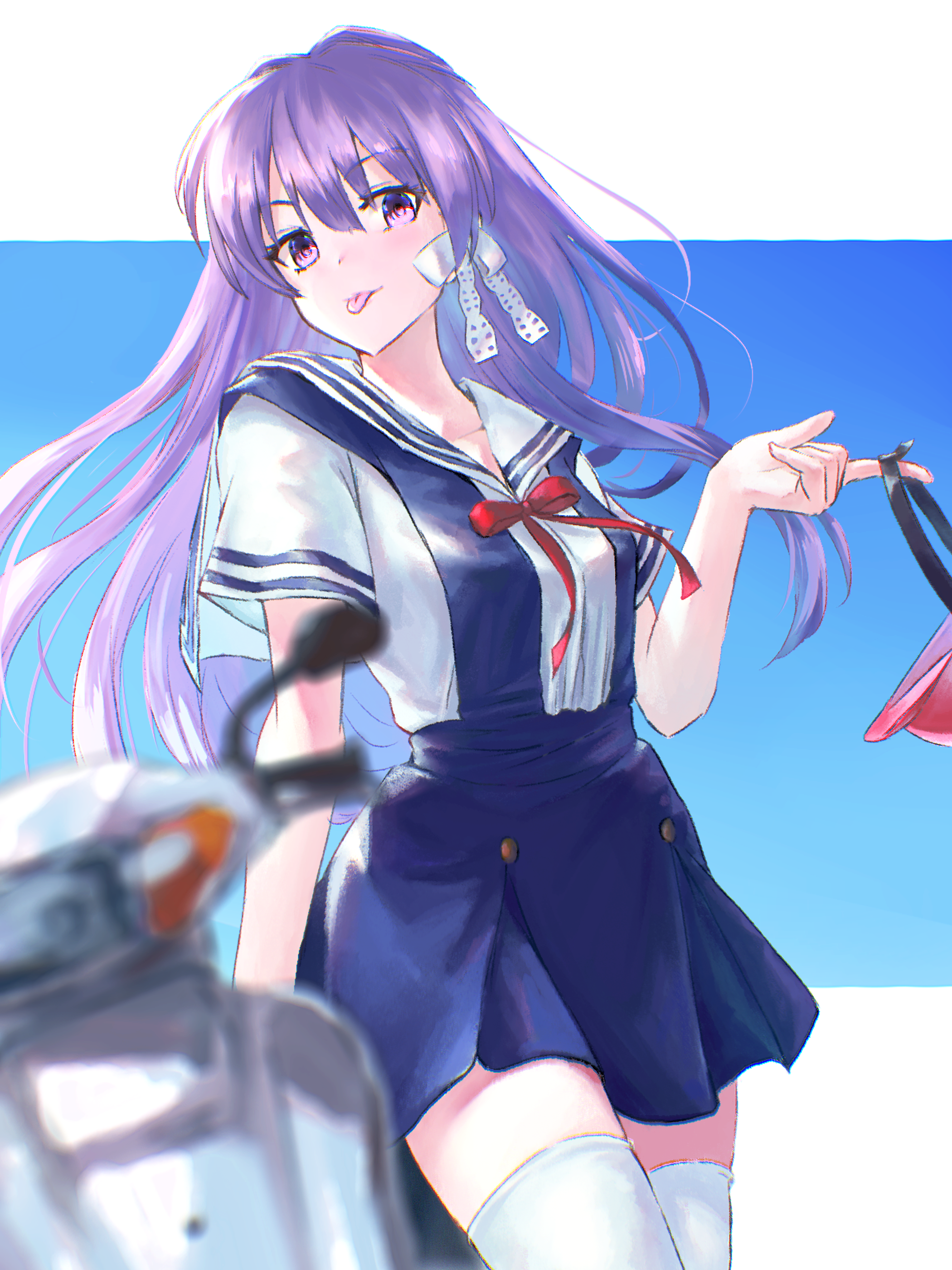 Clannad Anime Girls 2D School Uniform JK Long Hair Violet Hair Looking At Viewer Tongue Out Motorcyc 2100x2800
