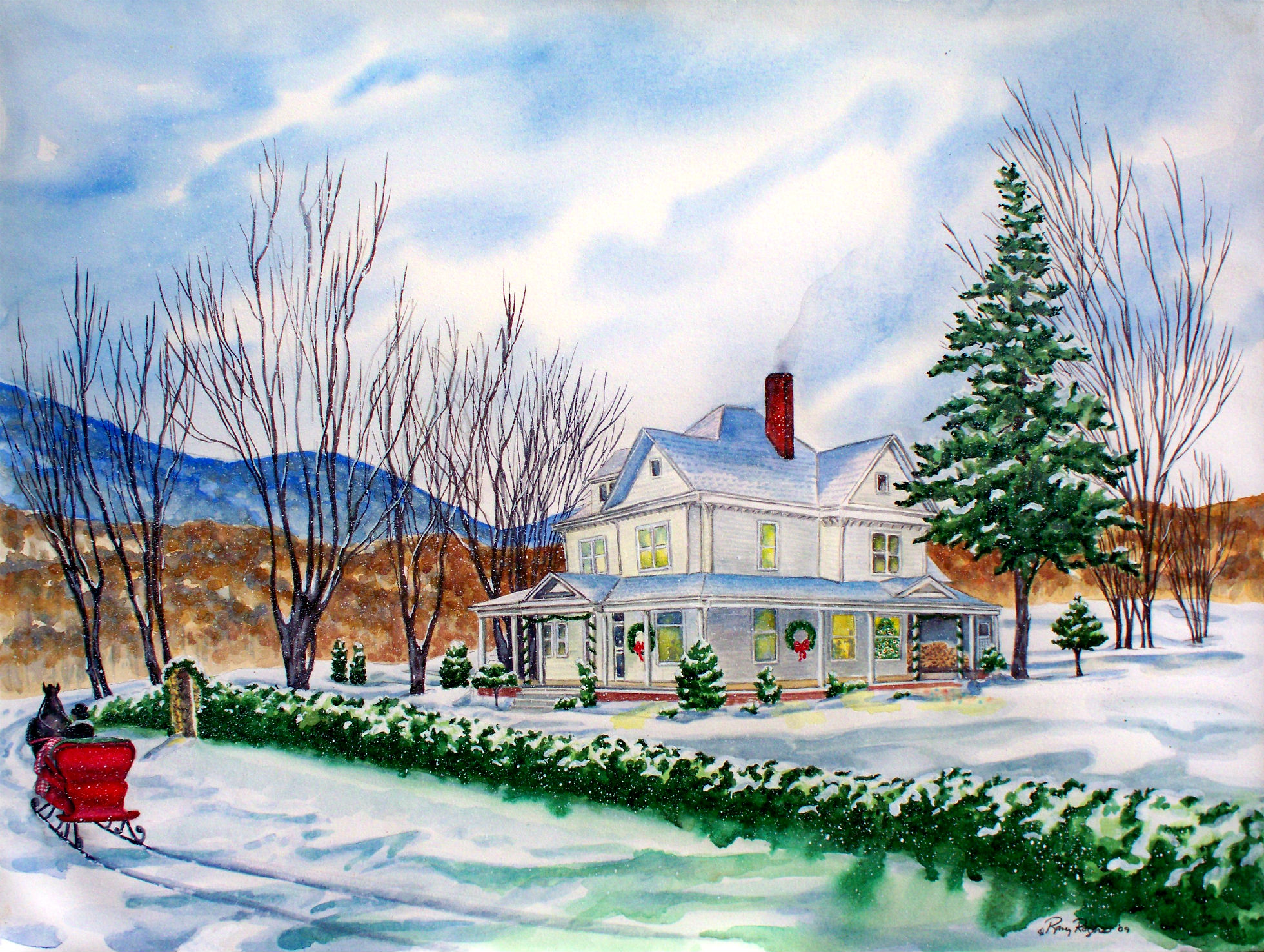 Christmas Artistic Painting House Tree Snow Horse Cart 1960x1476